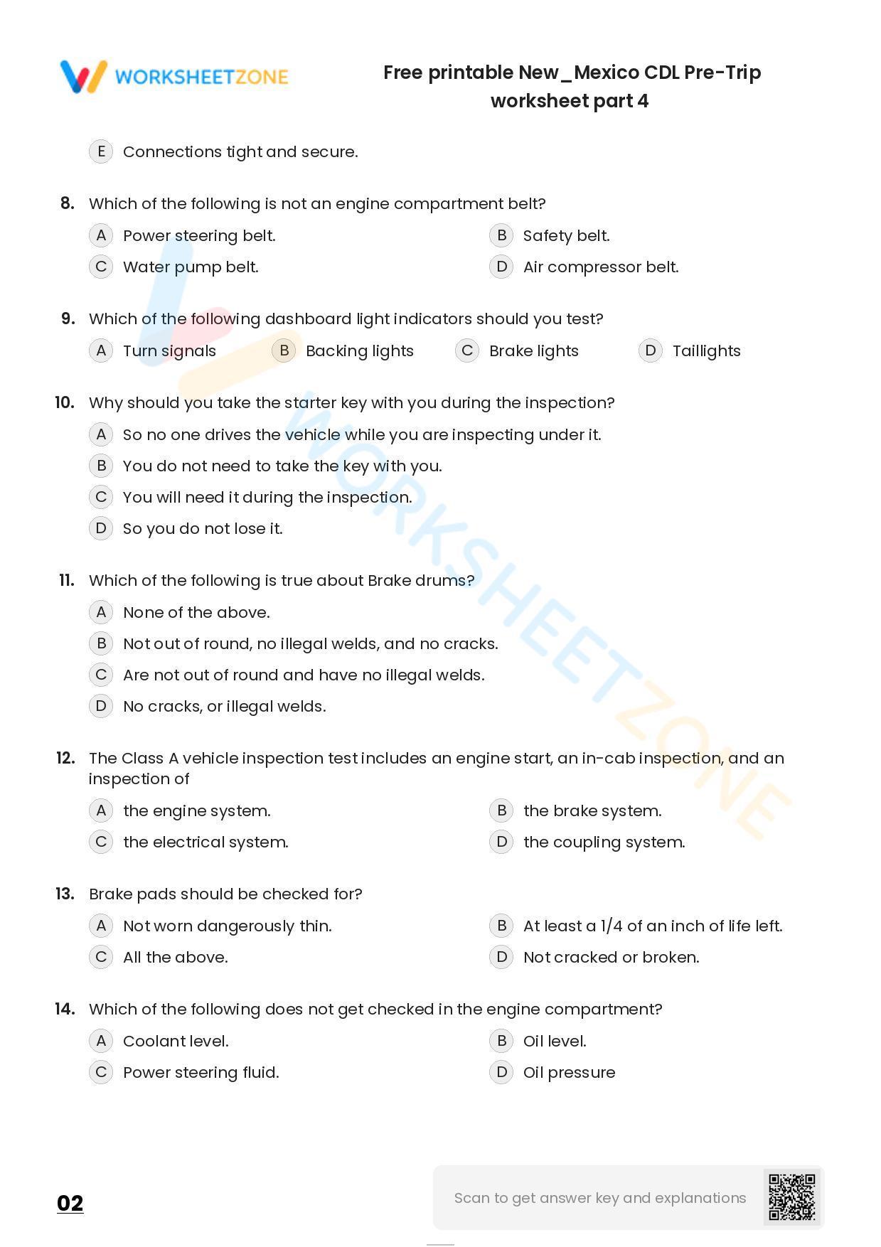 Free printable New/Mexico CDL PreTrip practice test Worksheet Zone