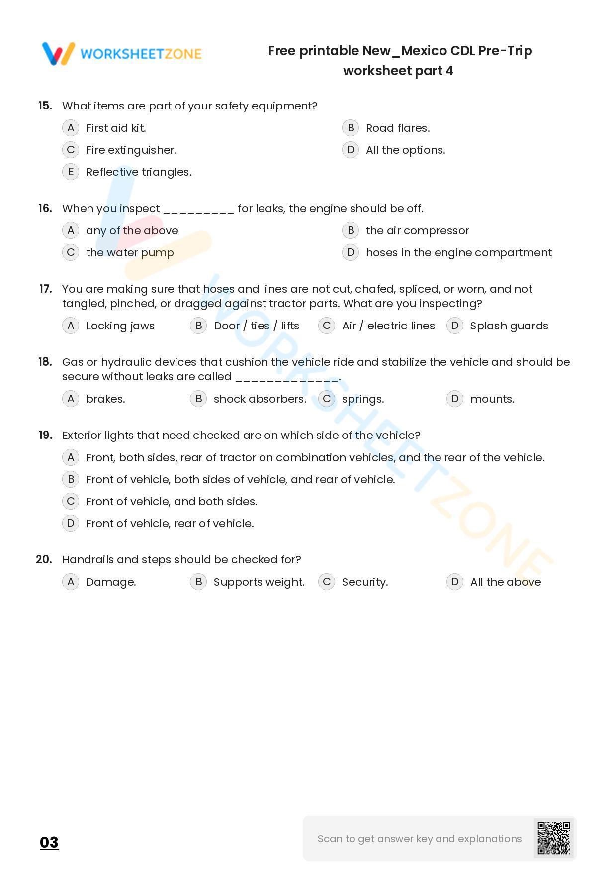 Free printable New/Mexico CDL PreTrip practice test Worksheet Zone