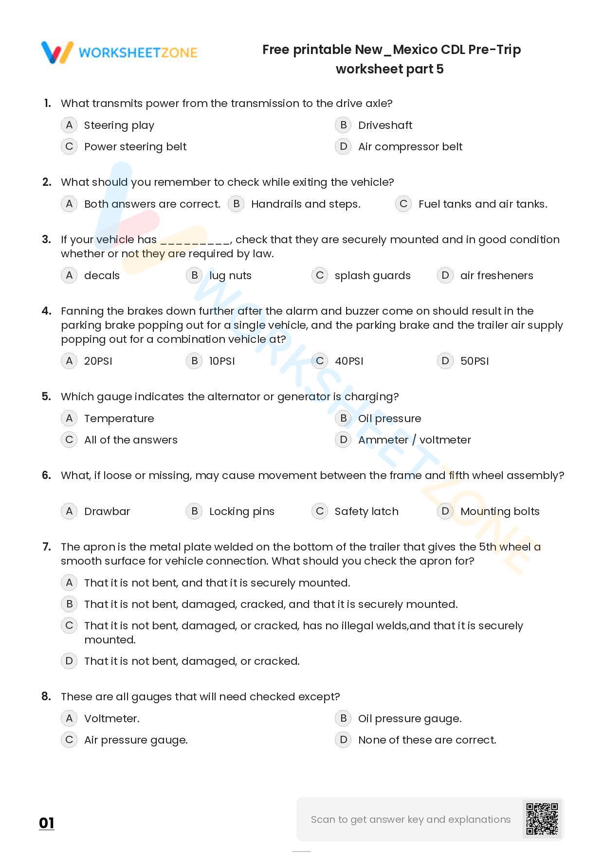 Free Printable New/Mexico CDL PreTrip Worksheet Part 5