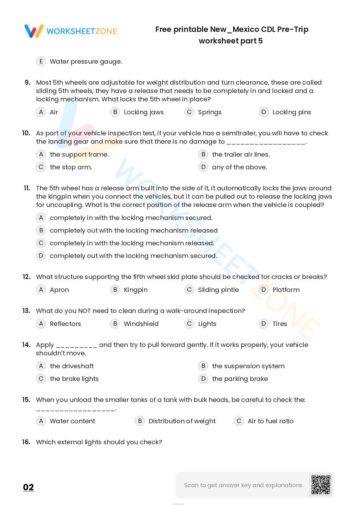 Free printable New/Mexico CDL PreTrip practice test Worksheet Zone