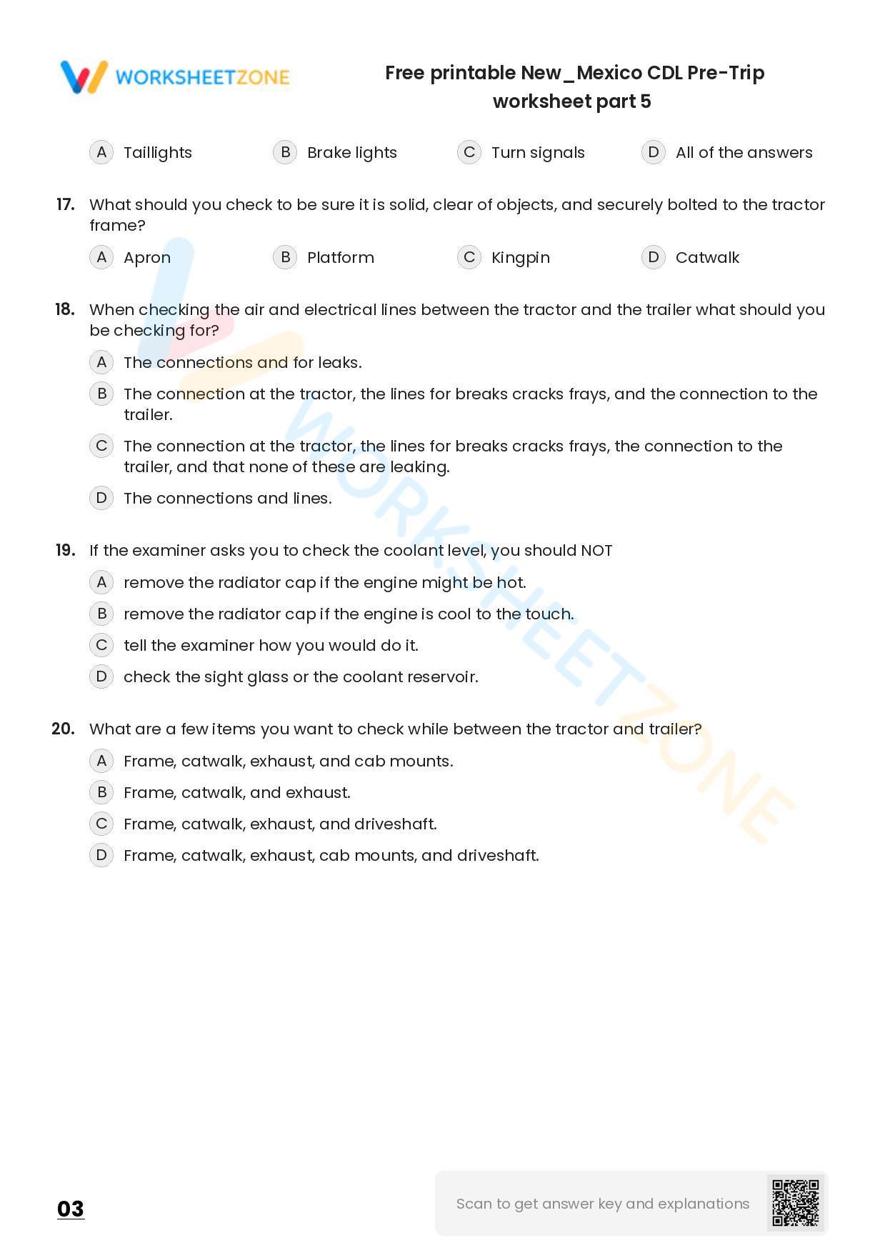 Free printable New/Mexico CDL PreTrip practice test Worksheet Zone