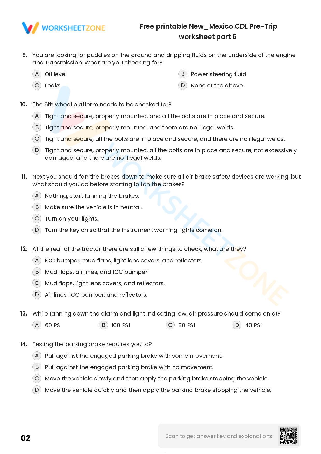 Free printable New/Mexico CDL PreTrip practice test Worksheet Zone