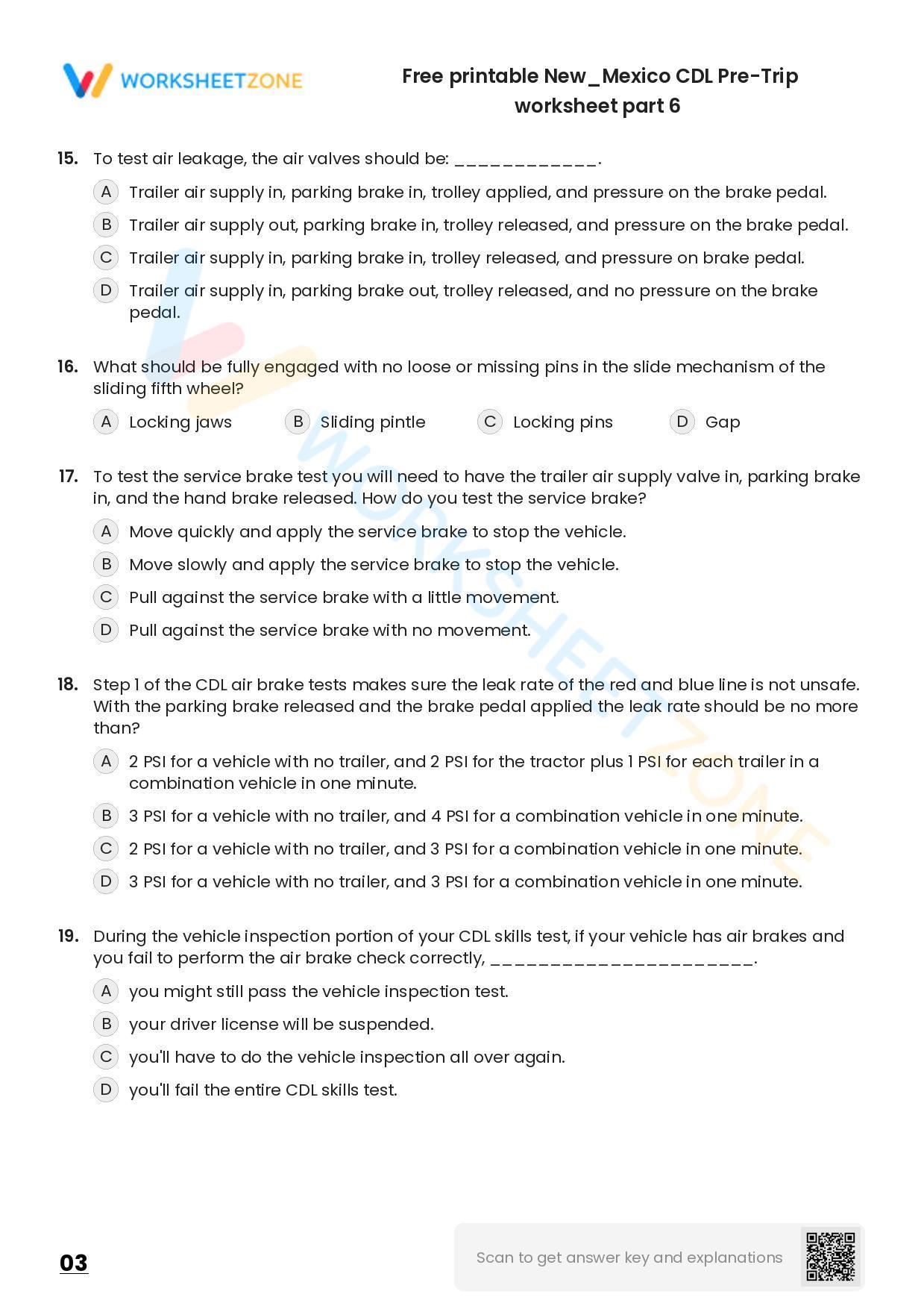 Free printable New/Mexico CDL PreTrip practice test Worksheet Zone