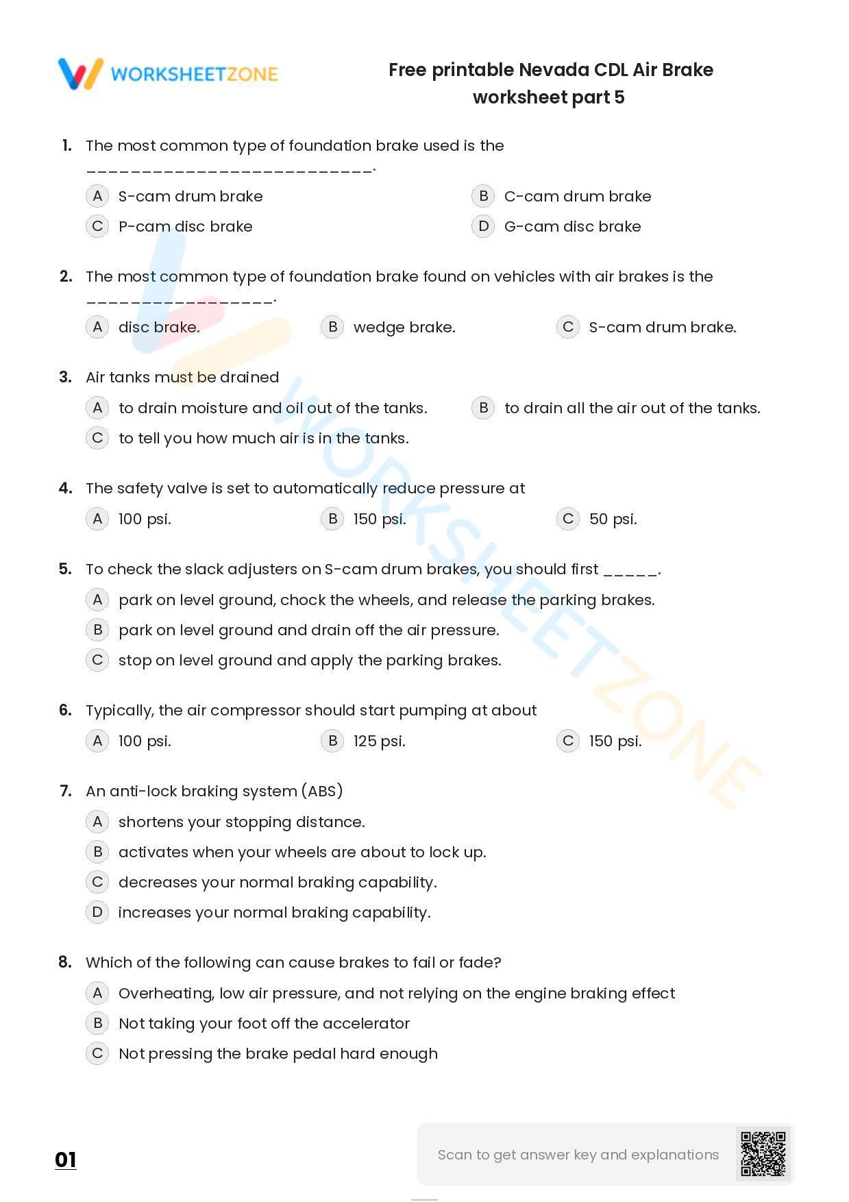 Free Printable Nevada CDL Air Brake Worksheet Part 5