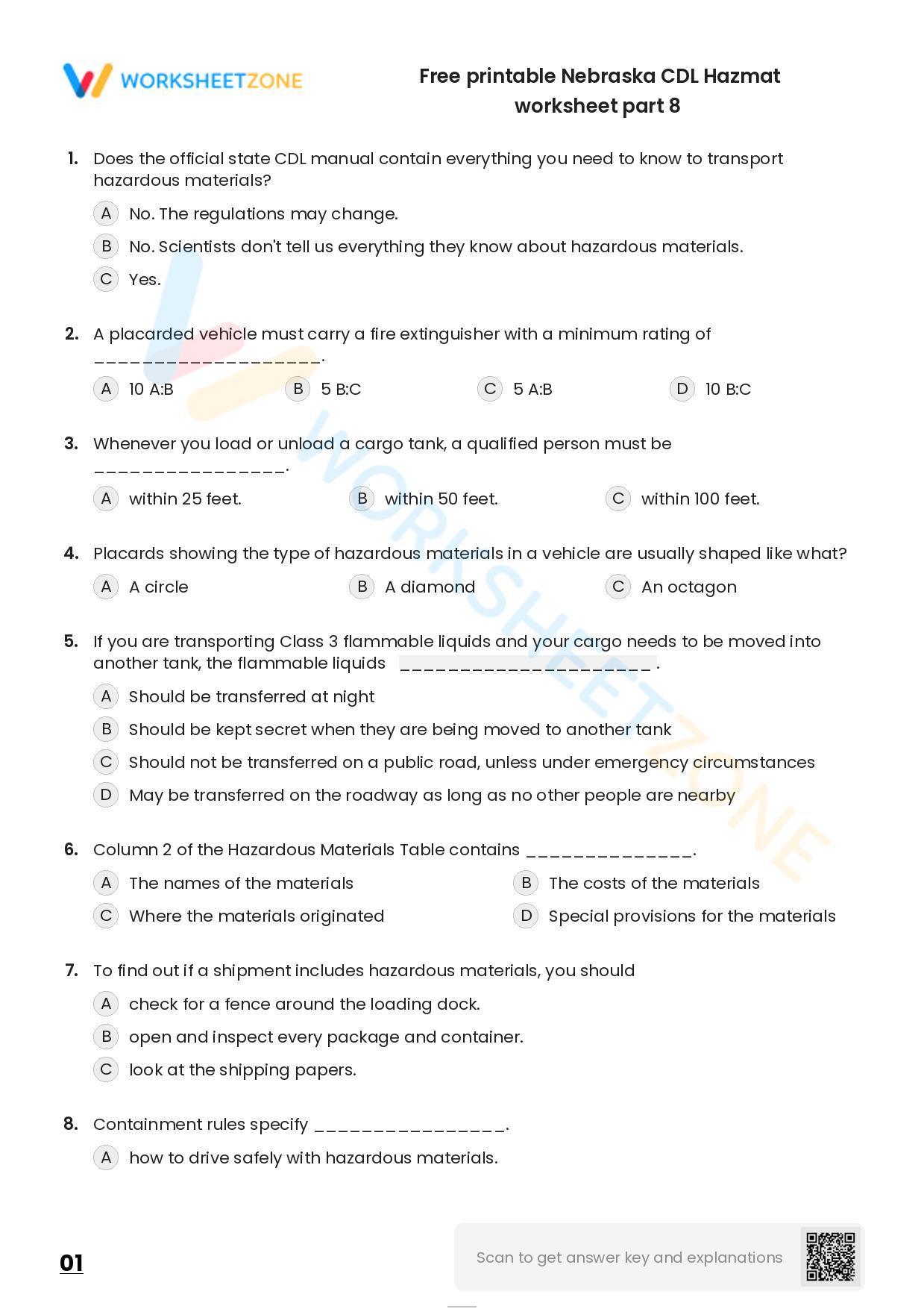 Free Printable Nebraska CDL Hazmat Worksheet Part 8