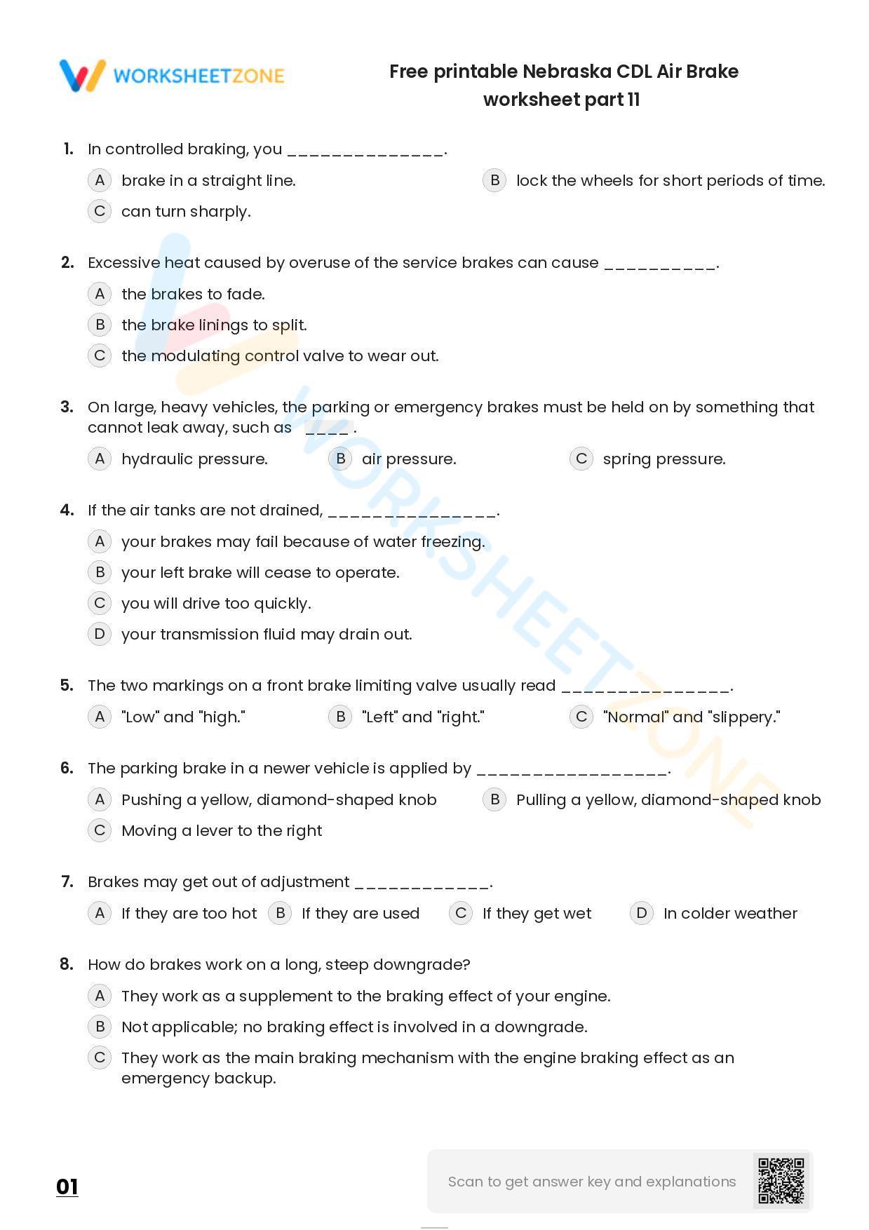 Free Printable Nebraska CDL Air Brake Worksheet Part 11