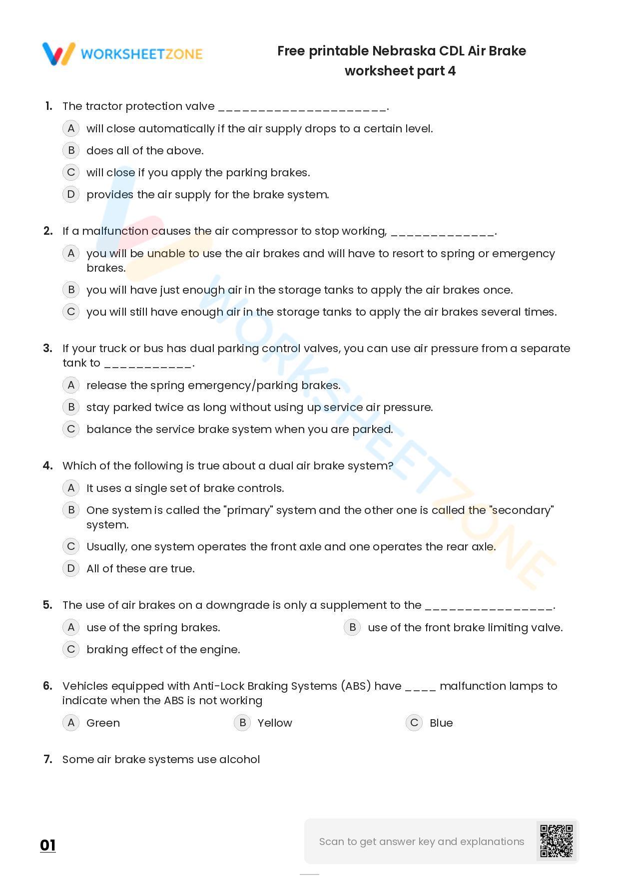 Free printable Nebraska CDL Air Brake worksheet part 4 Worksheet Zone