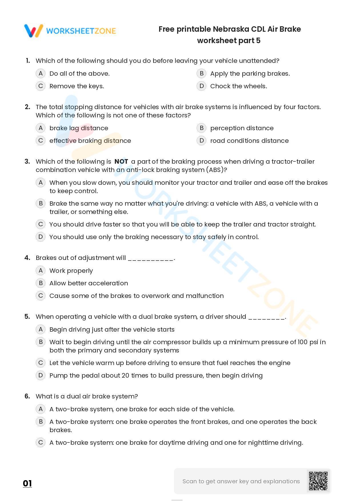 Free Printable Nebraska CDL Air Brake Worksheet Part 5
