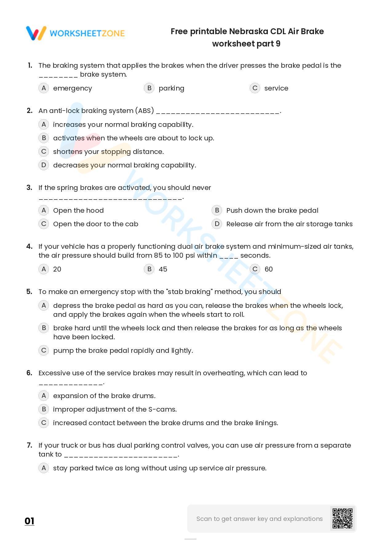 Free Printable Nebraska CDL Air Brake Worksheet Part 9