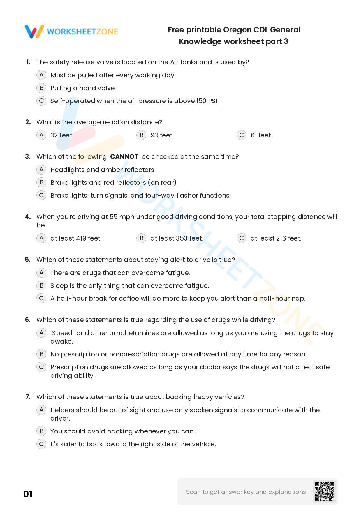 Free Printable Oregon CDL General Knowledge Worksheet Part 3
