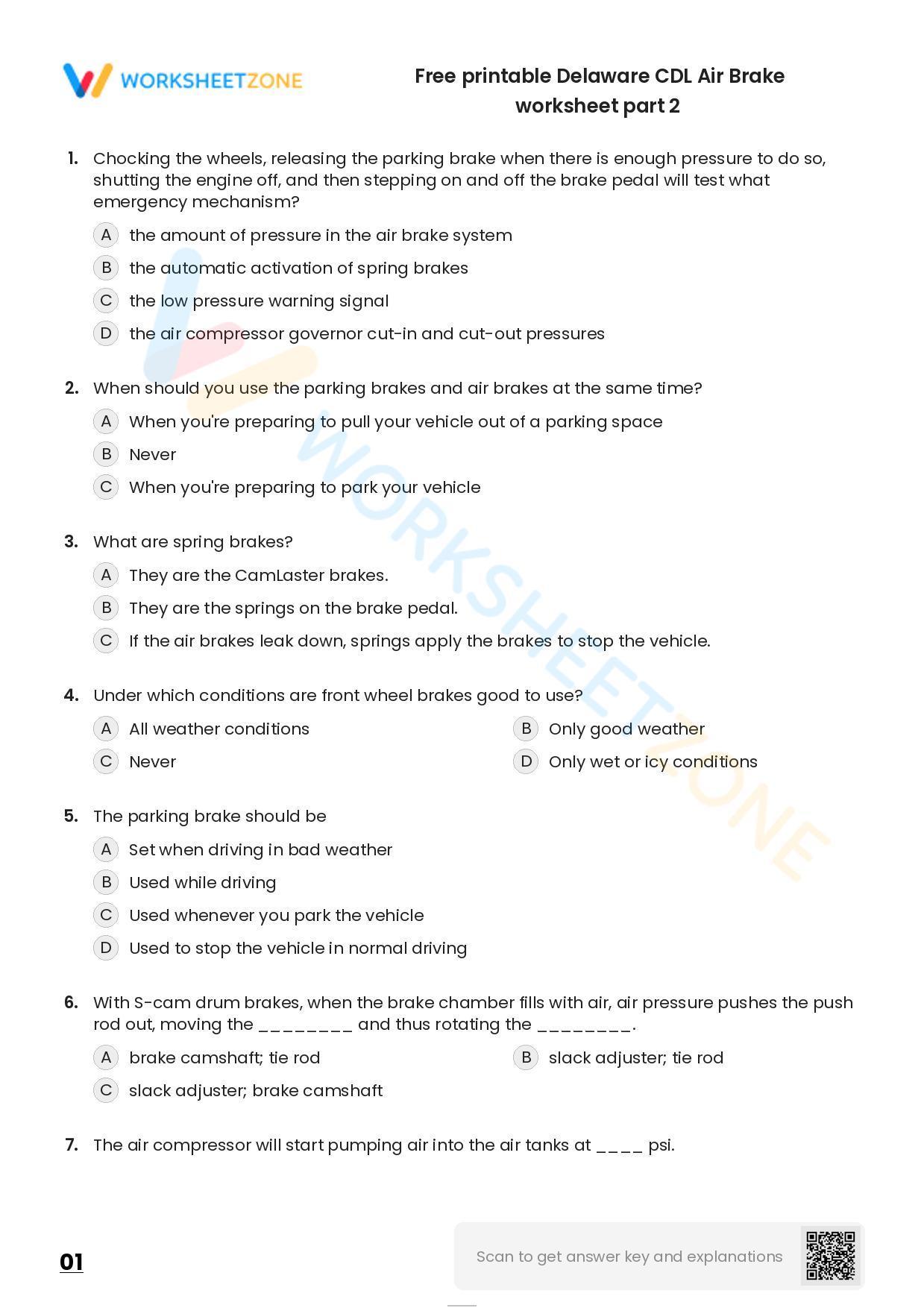 Free printable Delaware CDL Air Brake practice test Worksheet Zone