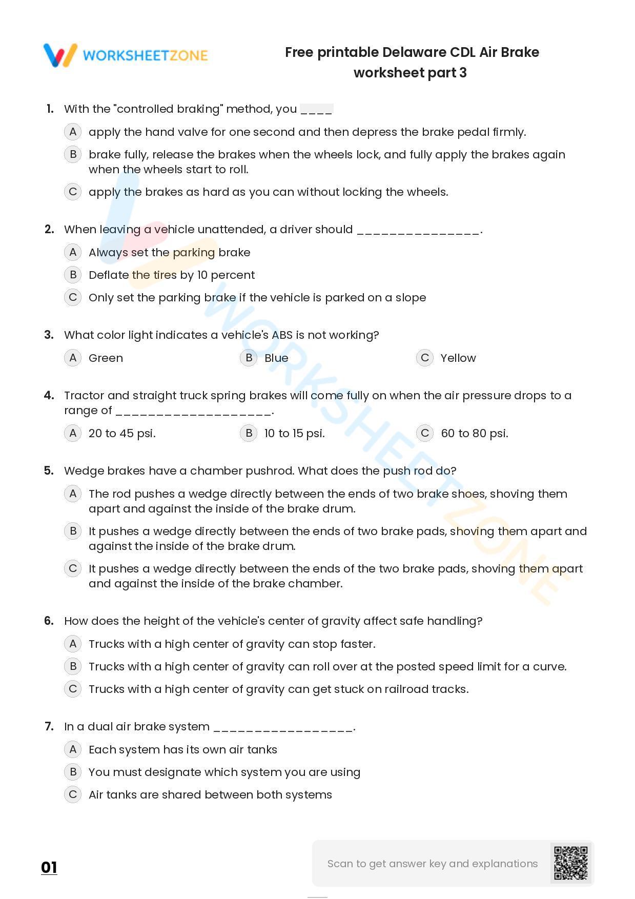 Free printable Delaware CDL Air Brake practice test Worksheet Zone