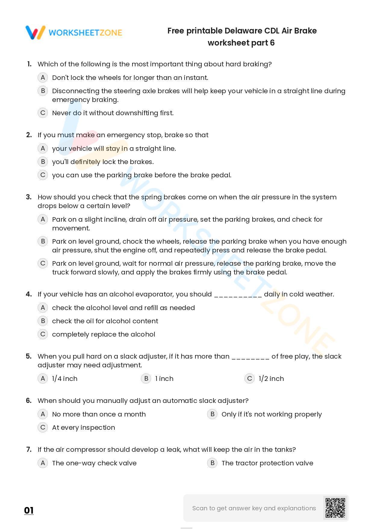Free printable Delaware CDL Air Brake practice test Worksheet Zone