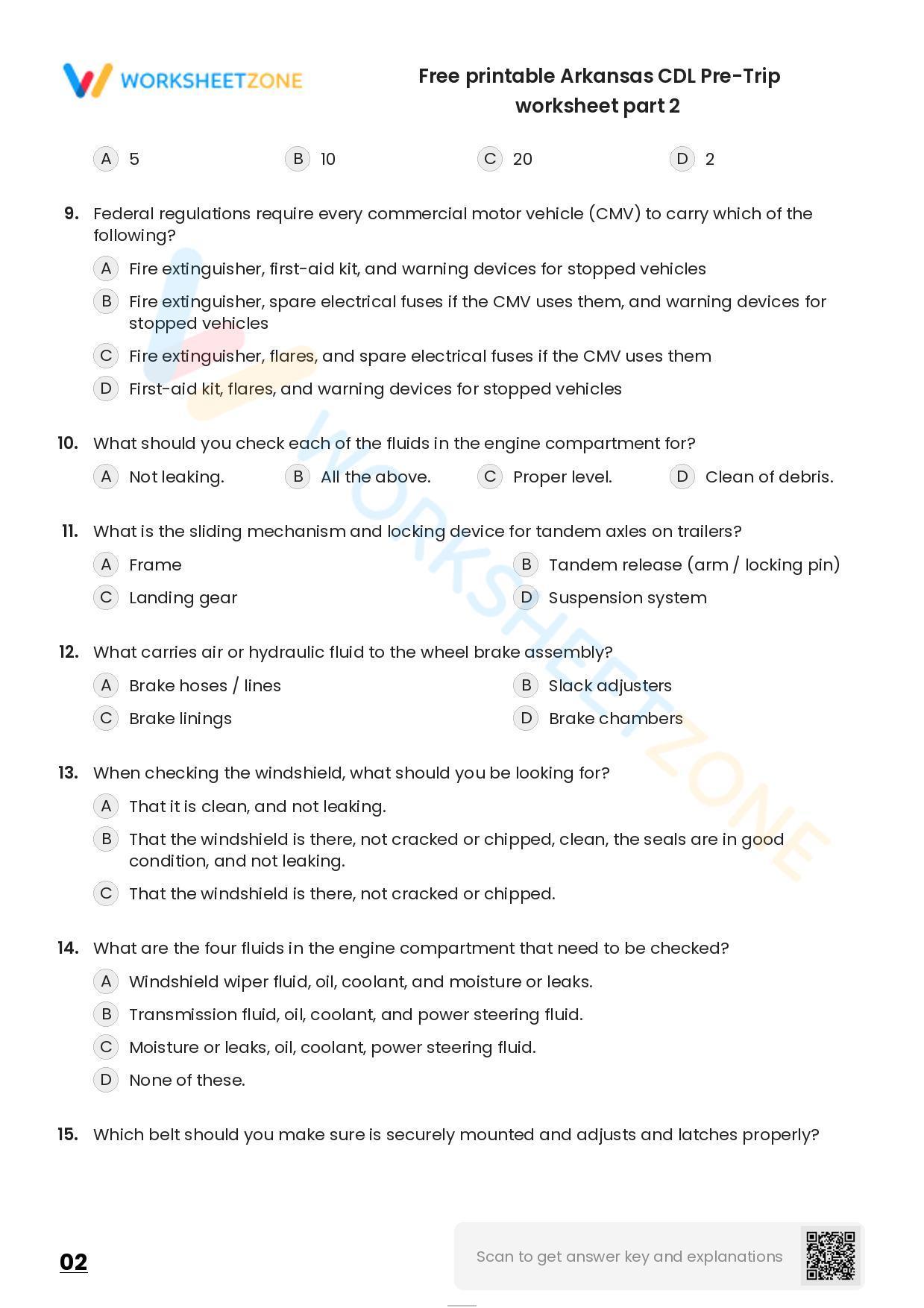Free printable Arkansas CDL PreTrip practice test Worksheet Zone