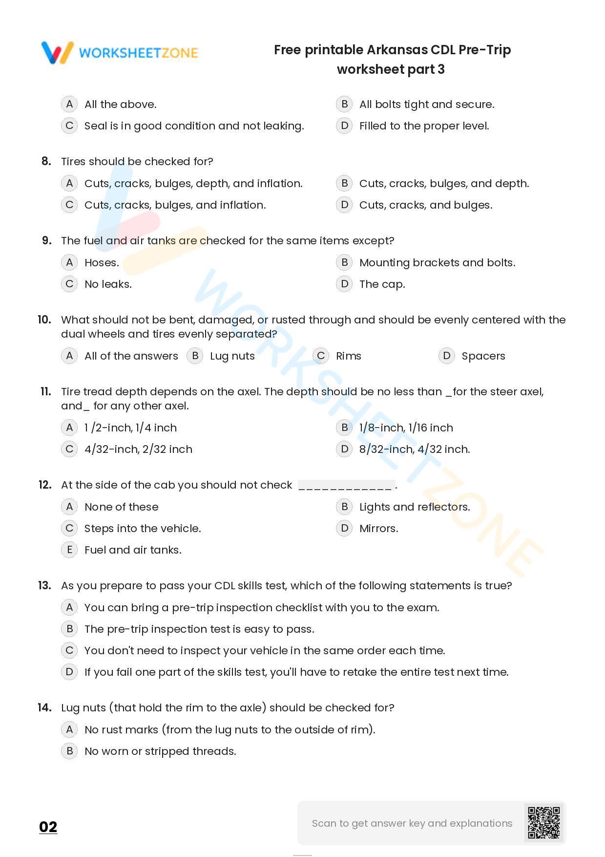 Free printable Arkansas CDL PreTrip practice test Worksheet Zone
