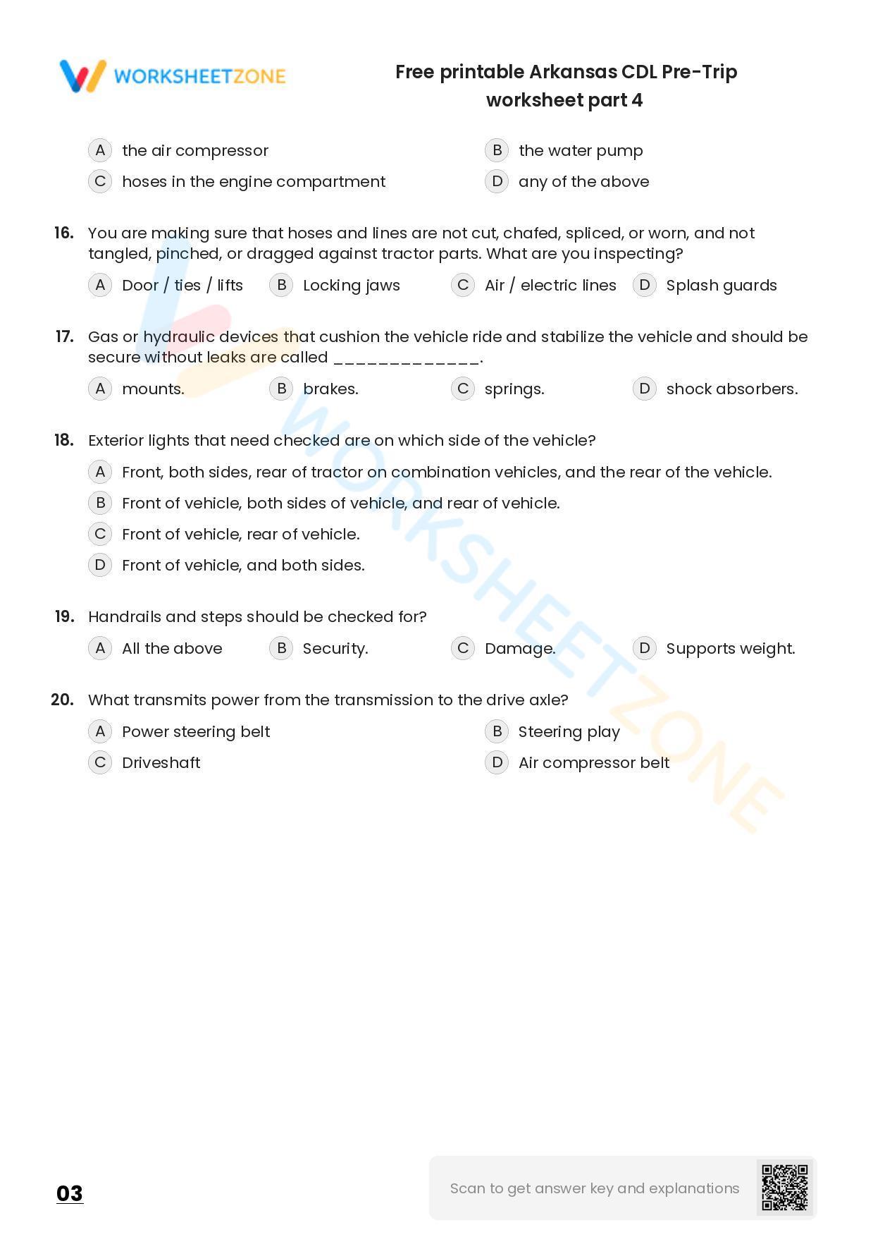 Free printable Arkansas CDL PreTrip practice test Worksheet Zone
