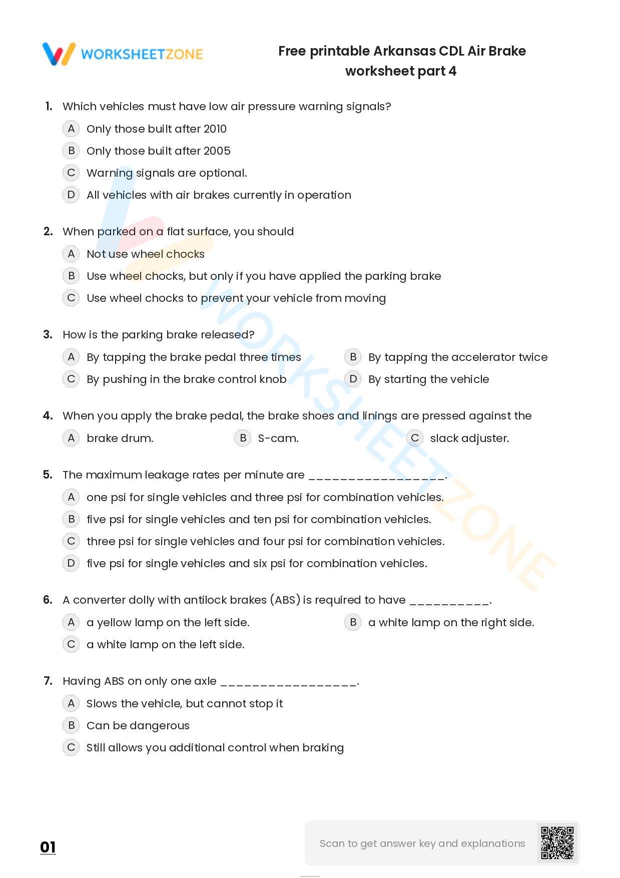 Free printable Arkansas CDL Air Brake practice test Worksheet Zone