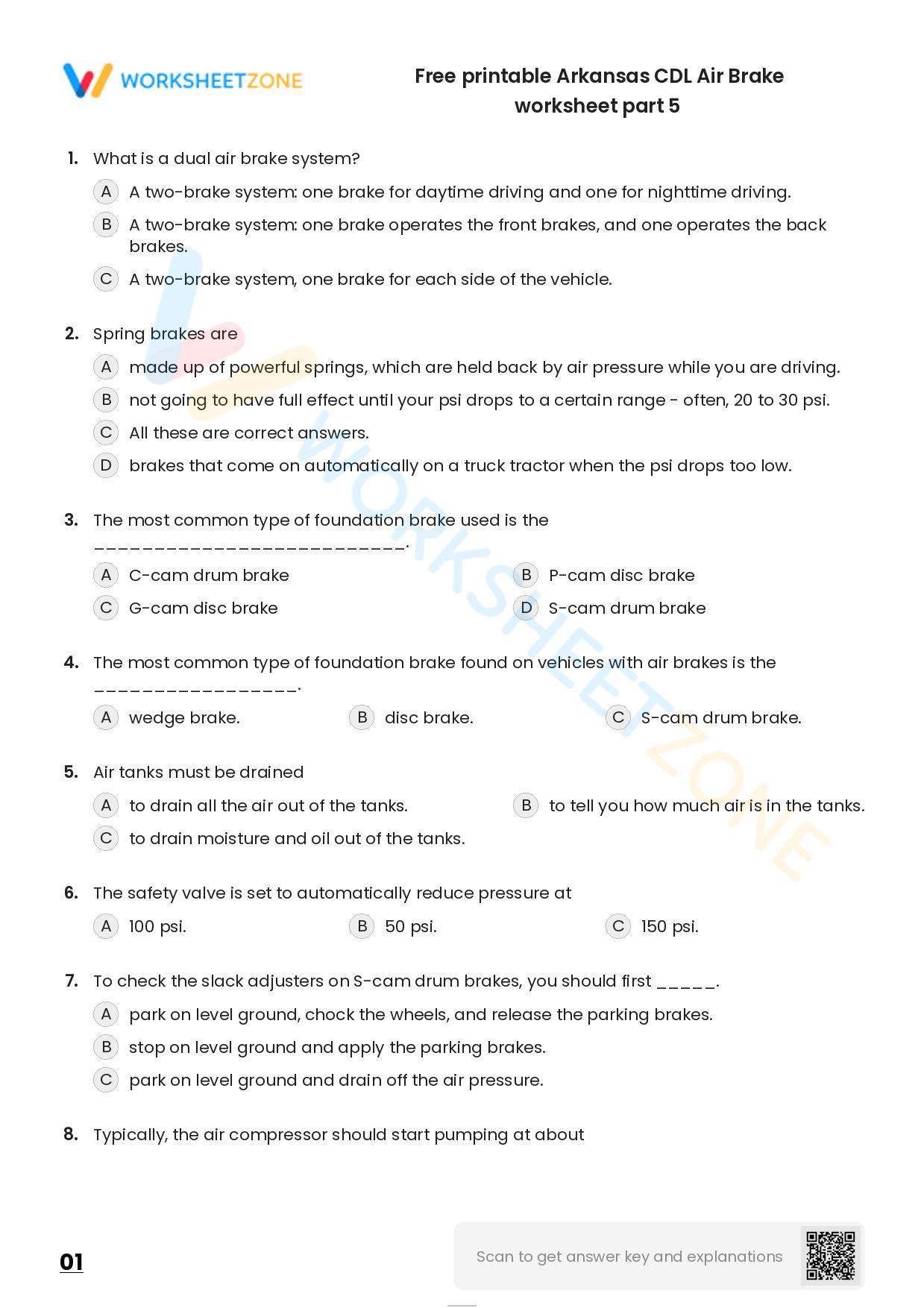 Free printable Arkansas CDL Air Brake practice test Worksheet Zone