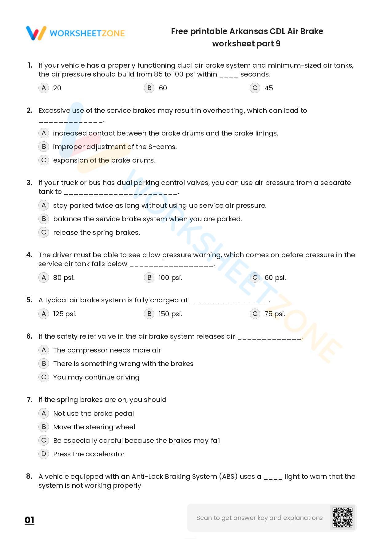 Free printable Arkansas CDL Air Brake practice test Worksheet Zone