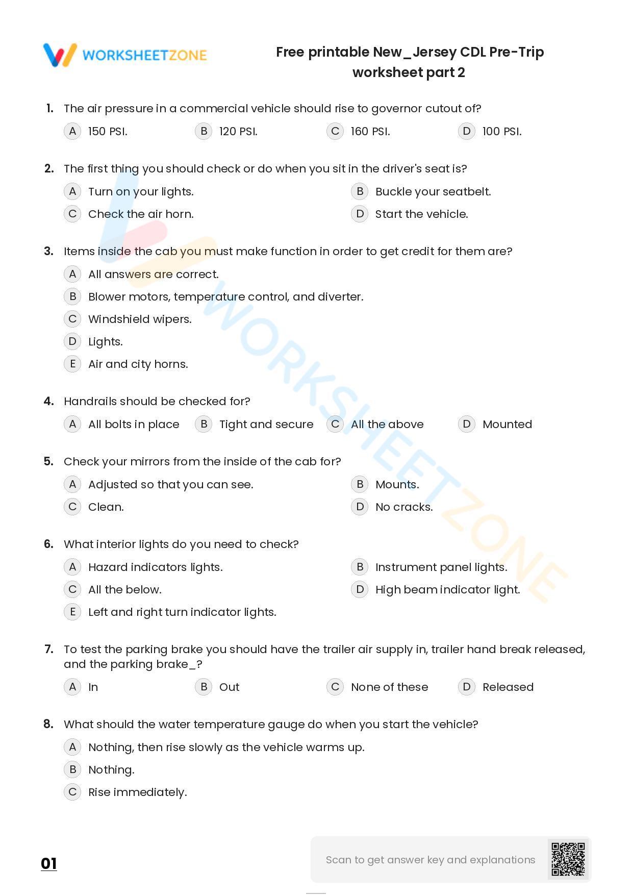 Free Printable New/Jersey CDL Pre-Trip Worksheet Part 2