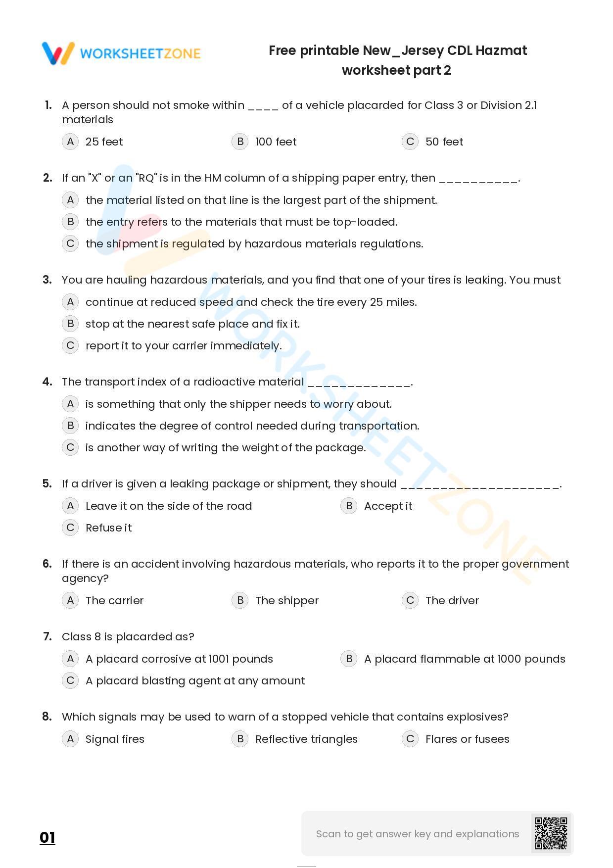 Free Printable New/Jersey CDL General Knowledge Worksheet Part 2