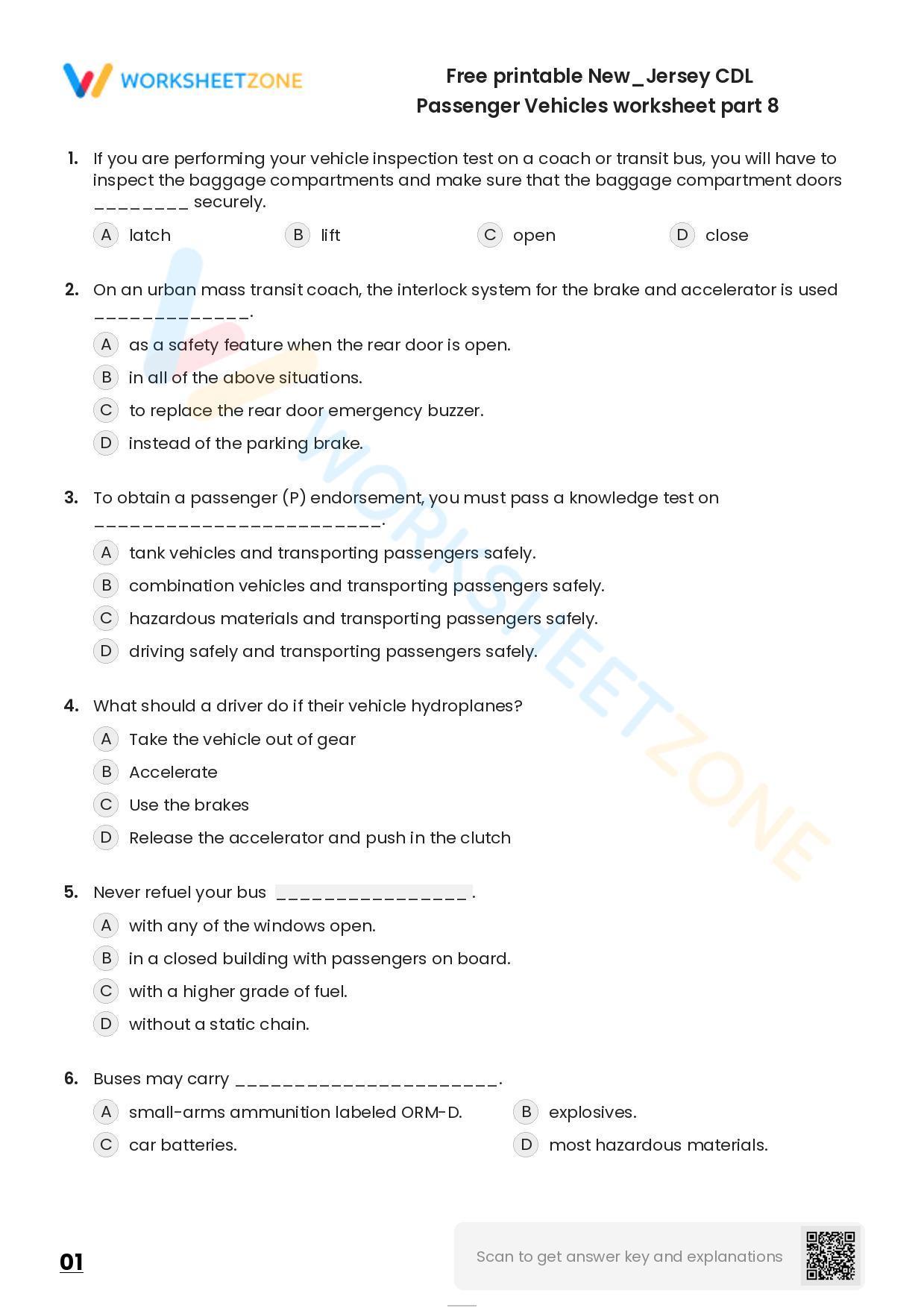 Free Printable New/Jersey CDL General Knowledge Worksheet Part 2