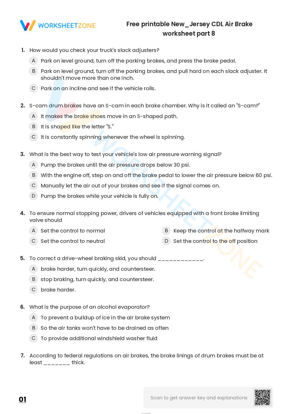 Free Printable New/Jersey CDL Air Brake Worksheet Part 8