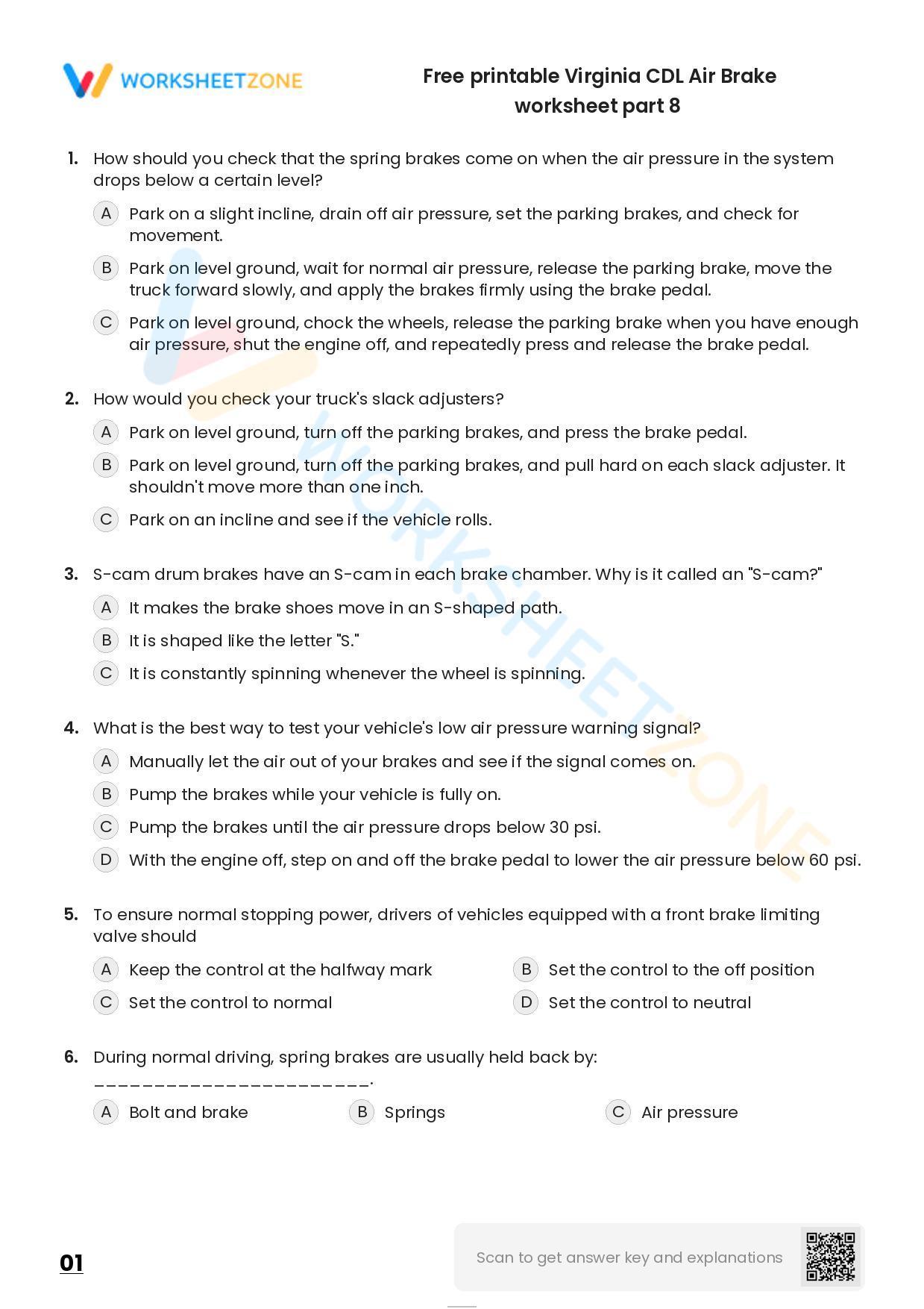 Free printable Virginia CDL Air Brake worksheet part 8 | Worksheet Zone