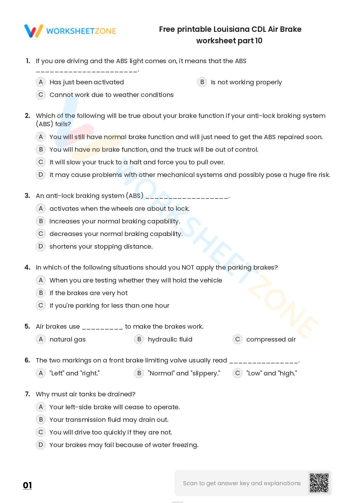 Free Printable Louisiana CDL Air Brake Worksheet Part 10