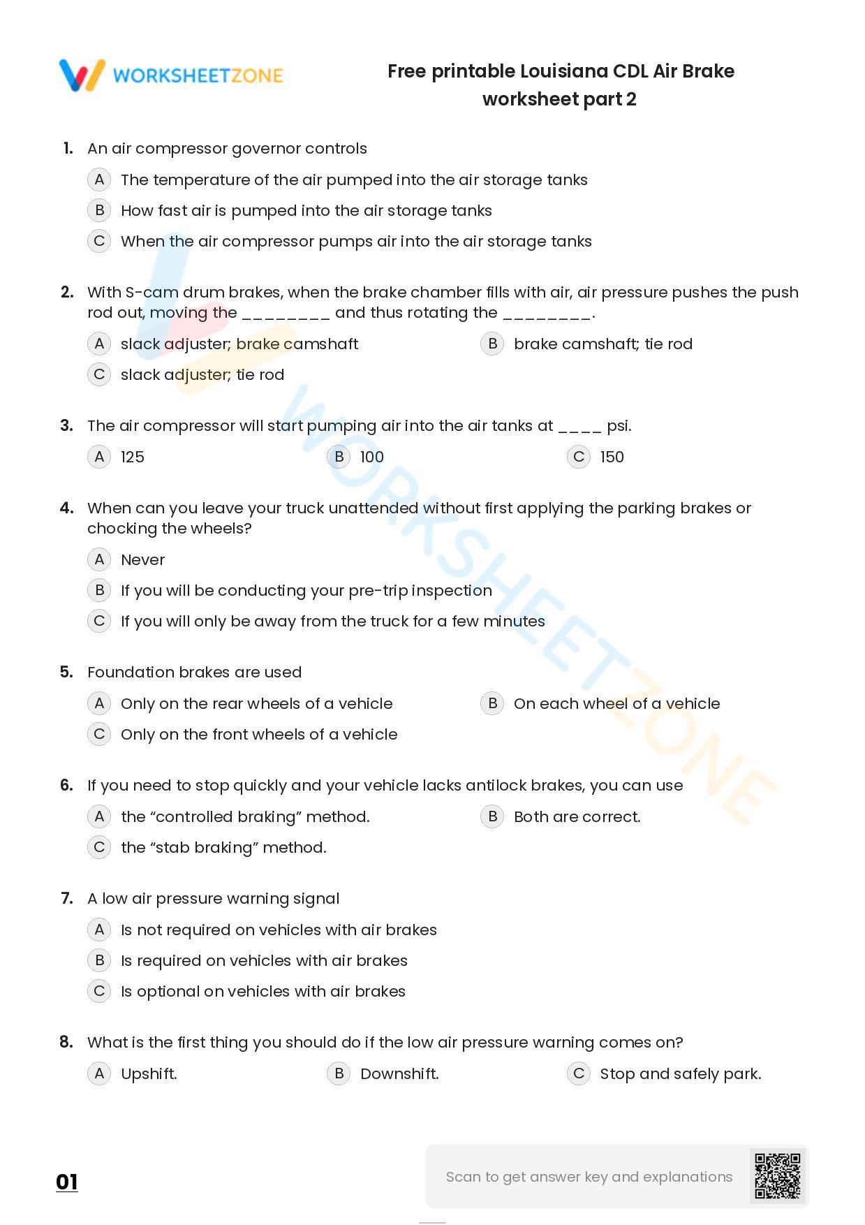 Free printable Louisiana CDL Air Brake worksheet part 2 Worksheet Zone