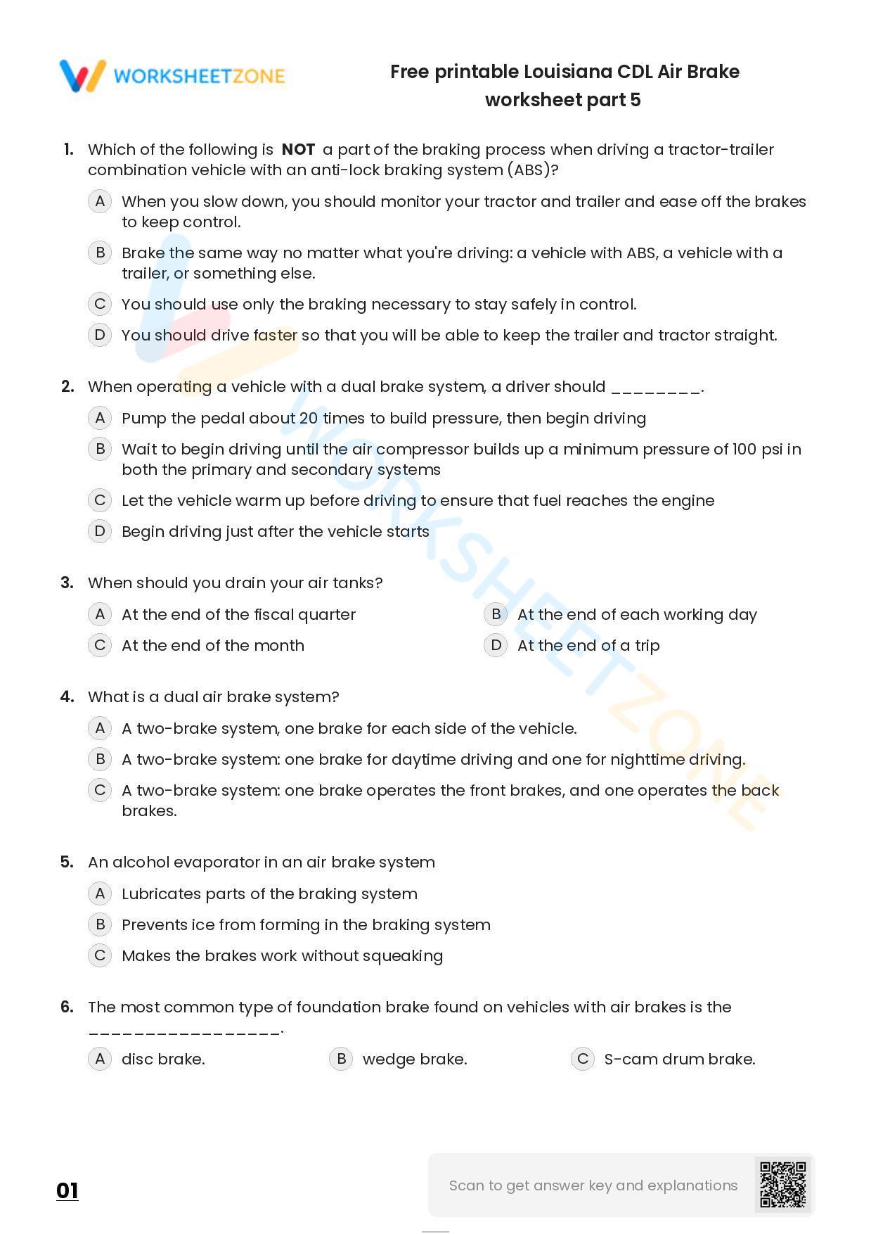 Free Printable Louisiana CDL Air Brake Worksheet Part 5
