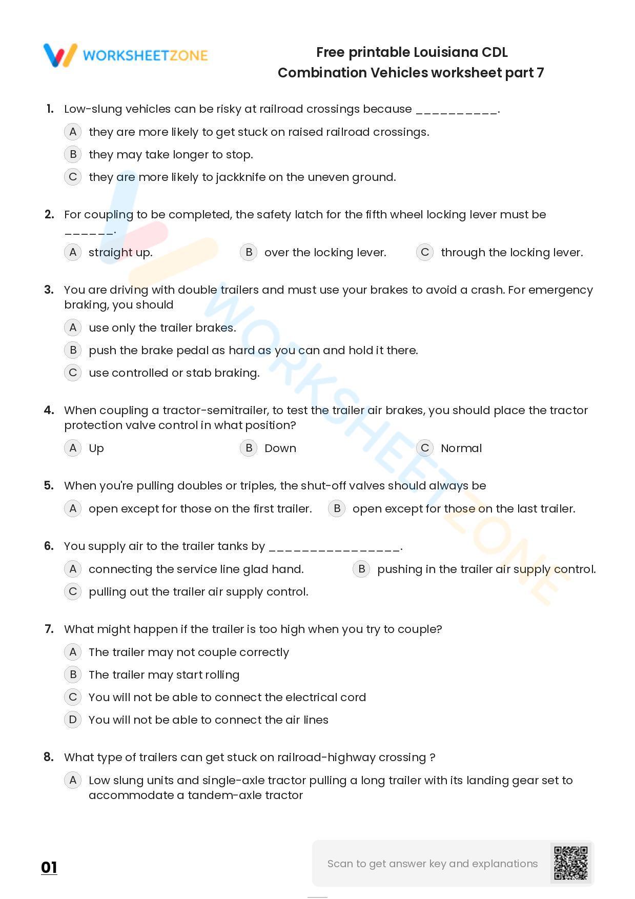 Free Printable Louisiana CDL Combination Vehicles Worksheet Part 7