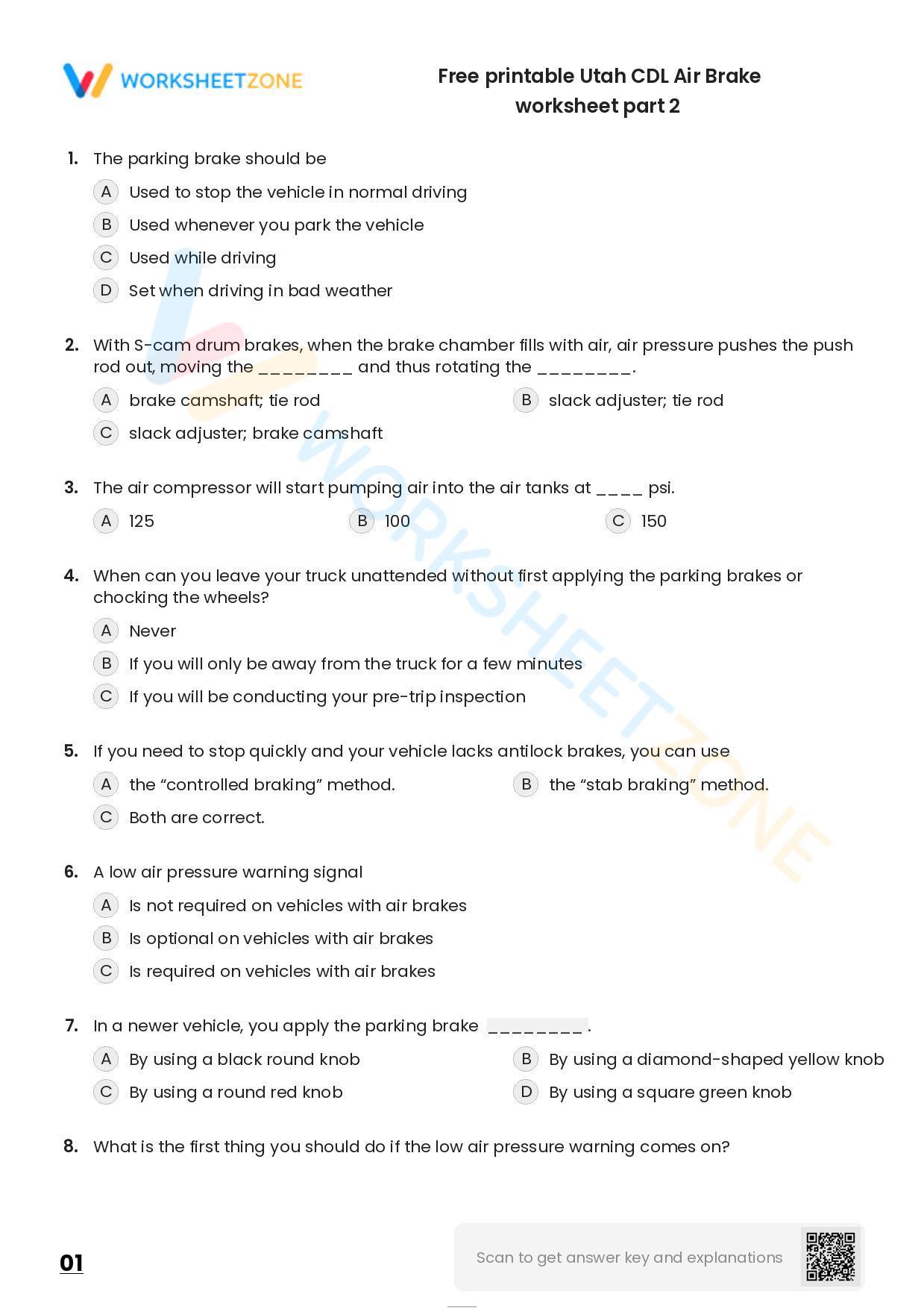 Free printable Utah CDL Air Brake practice test Worksheet Zone