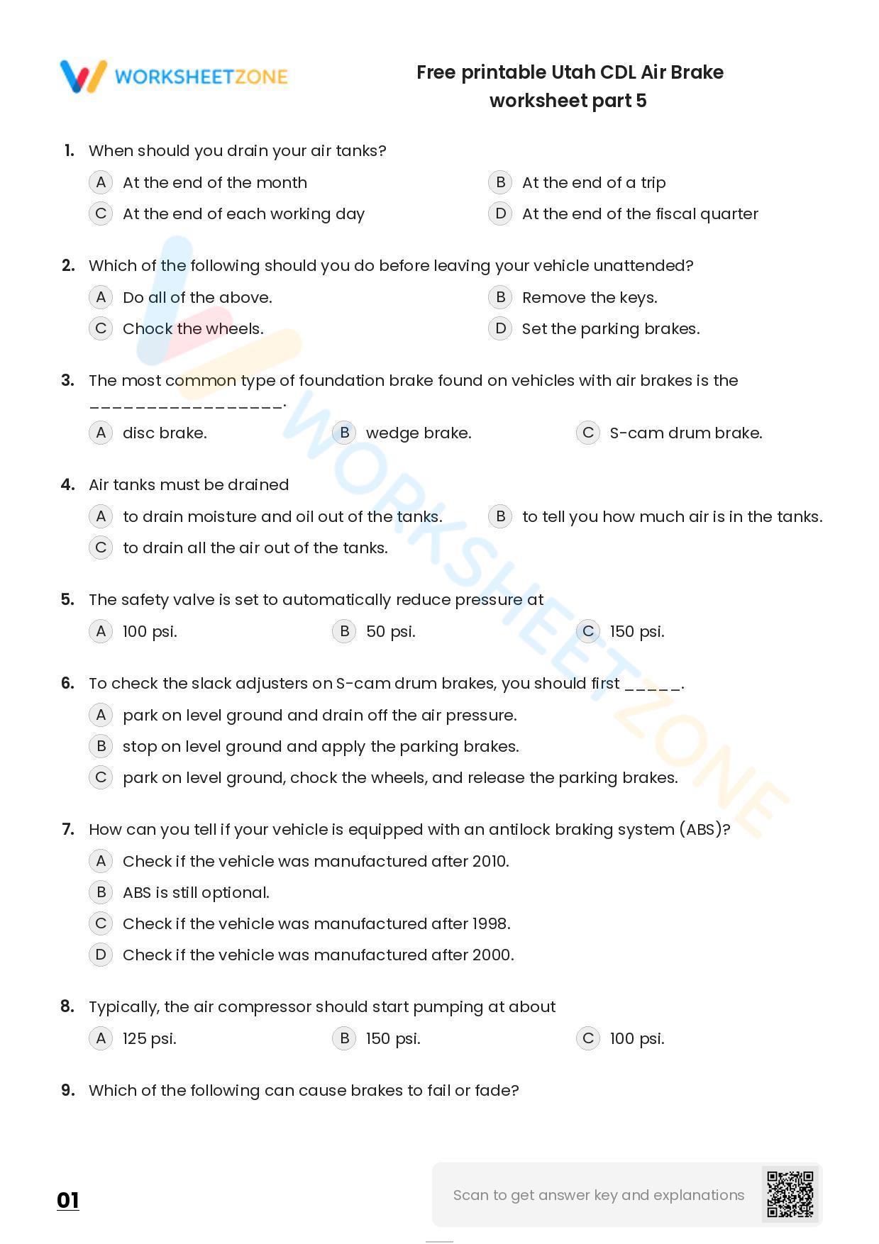 Free Printable Utah CDL Air Brake Worksheet Part 5