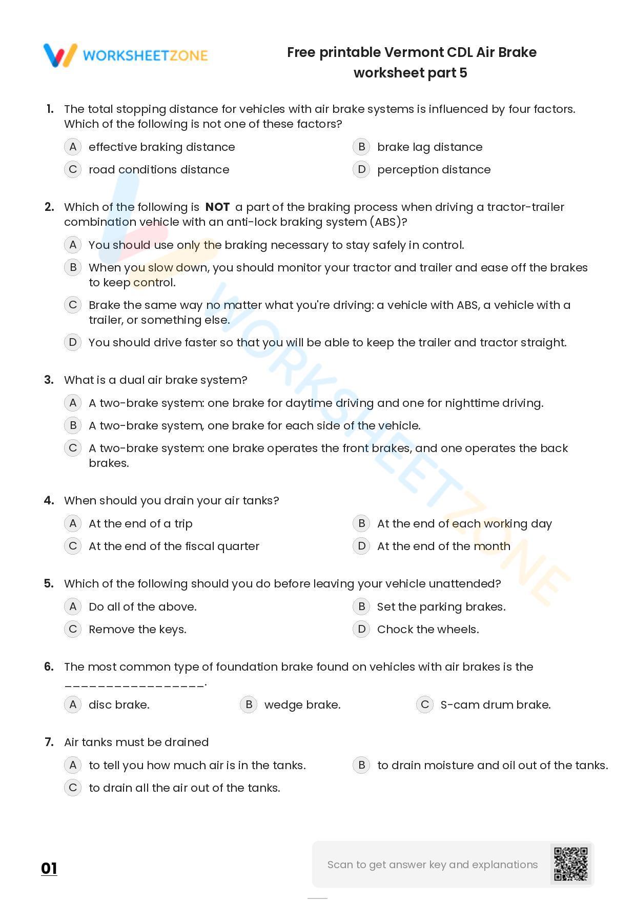 Free Printable Vermont CDL Air Brake Worksheet Part 5