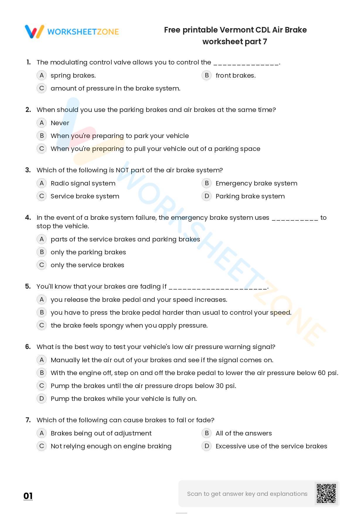 Free printable Vermont CDL Air Brake practice test Worksheet Zone