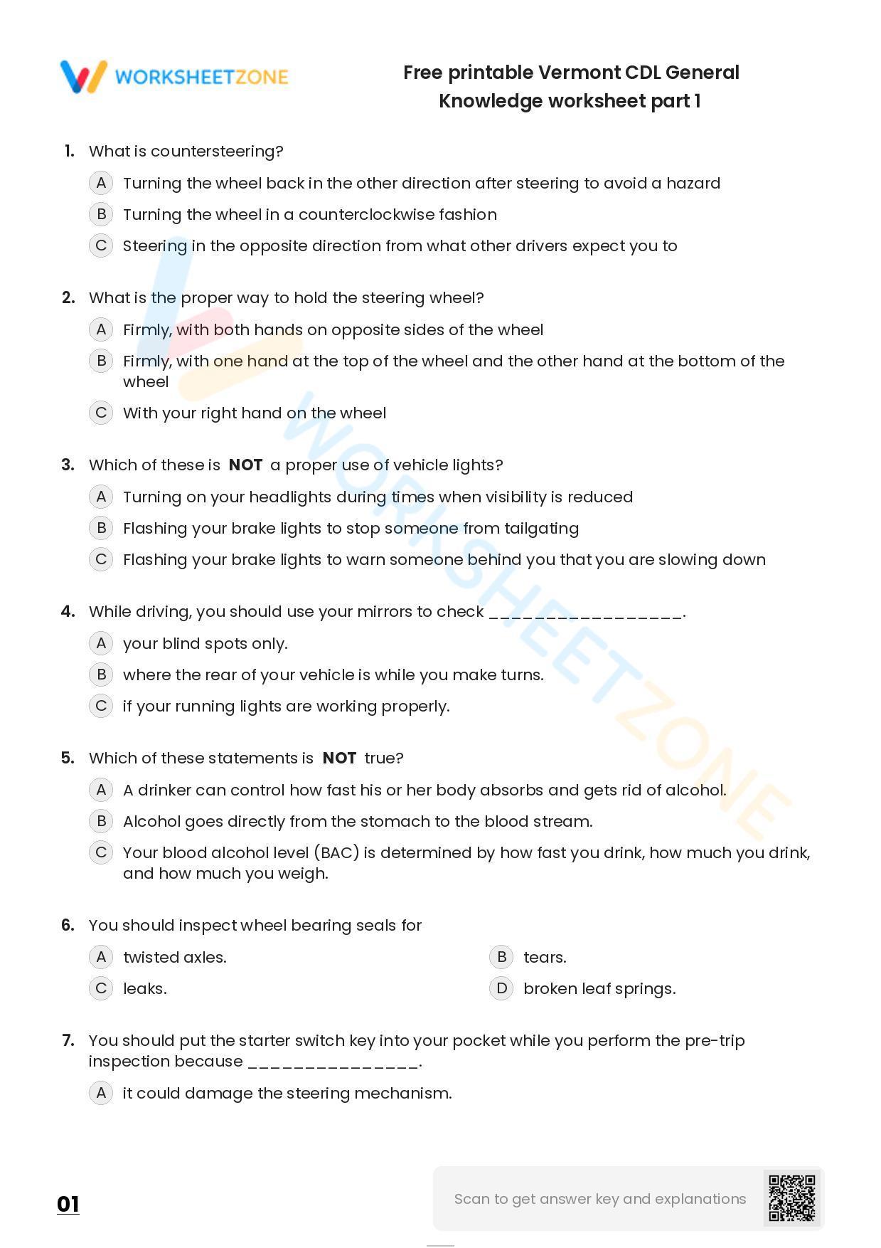 Free Printable Vermont CDL General Knowledge Worksheet Part 1