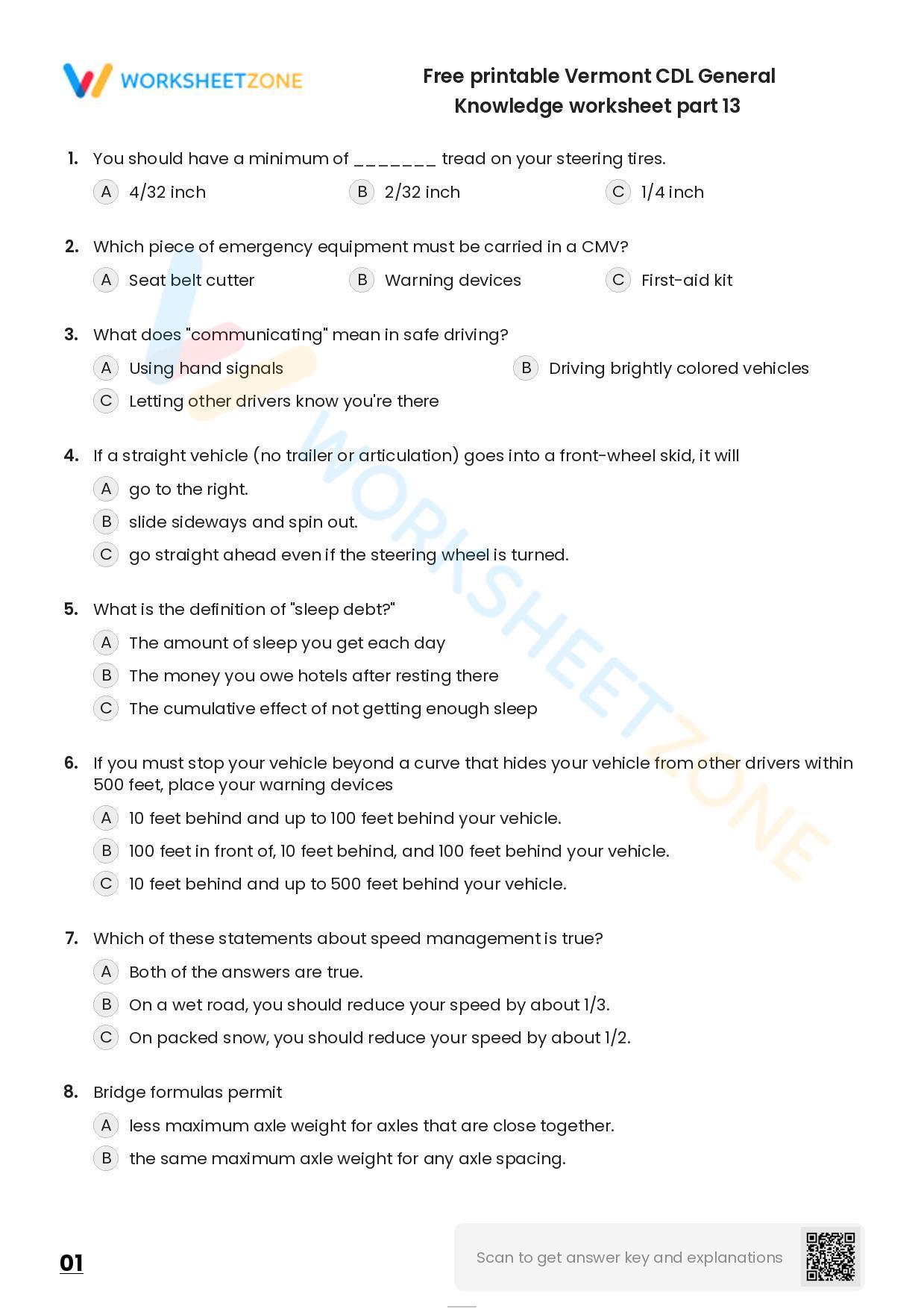 Free Printable Vermont CDL General Knowledge Worksheet Part 13
