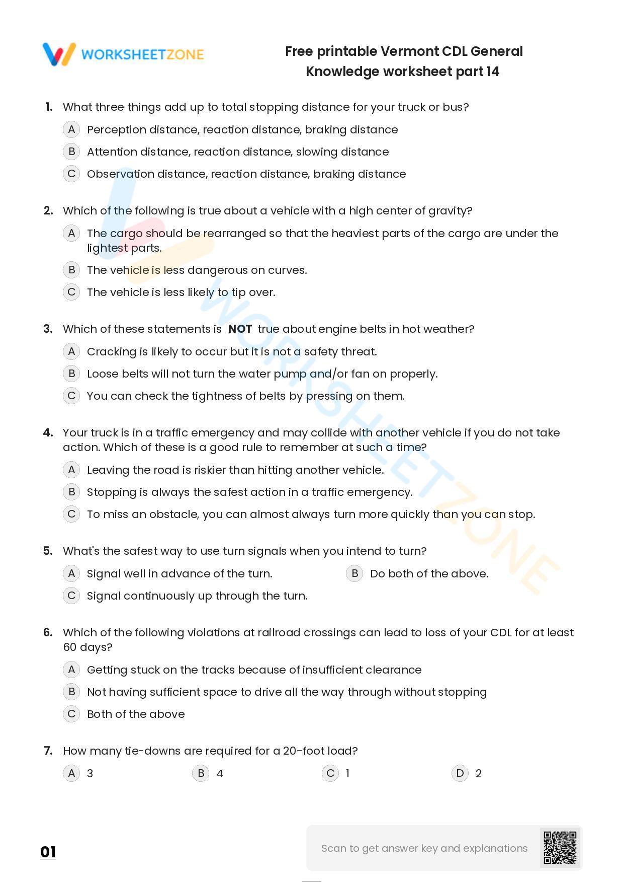 Free Printable Vermont CDL General Knowledge Worksheet Part 14