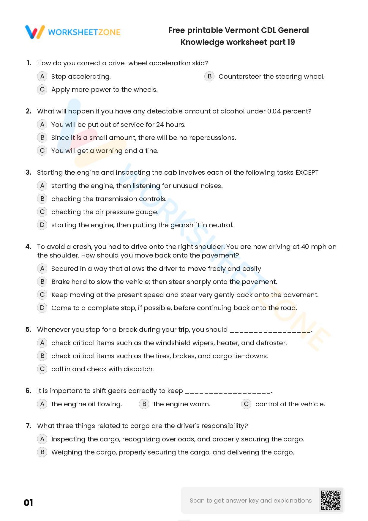 Free Printable Vermont CDL General Knowledge Worksheet Part 19