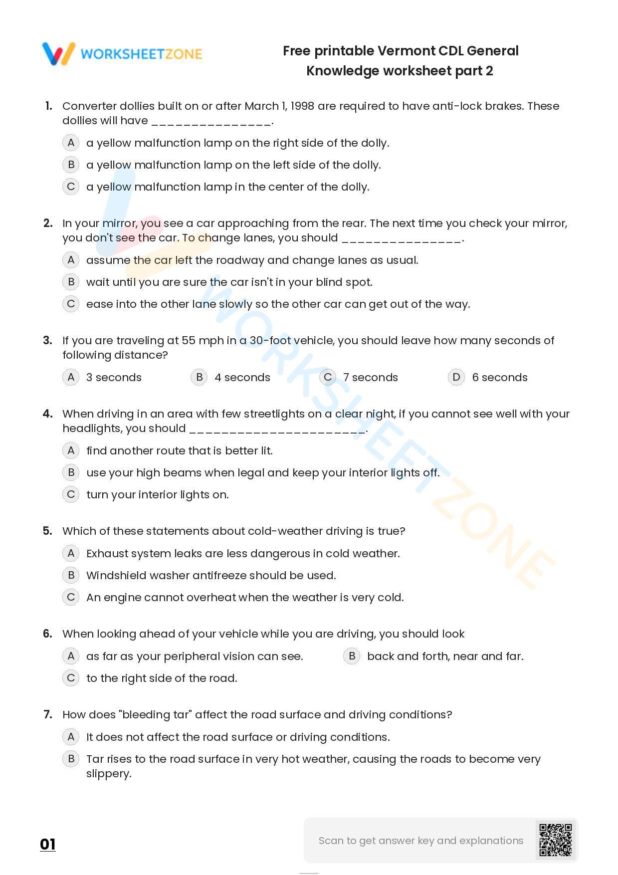 Free Printable Vermont CDL General Knowledge Worksheet Part 2