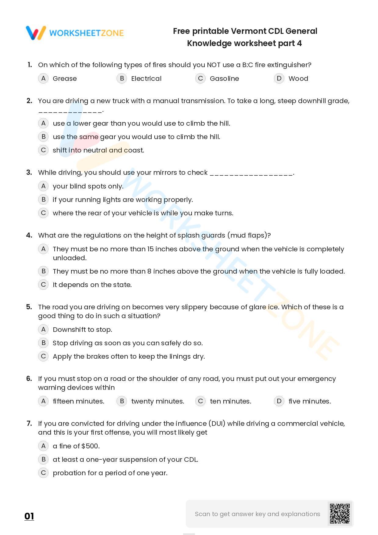 Free Printable Vermont CDL General Knowledge Worksheet Part 4