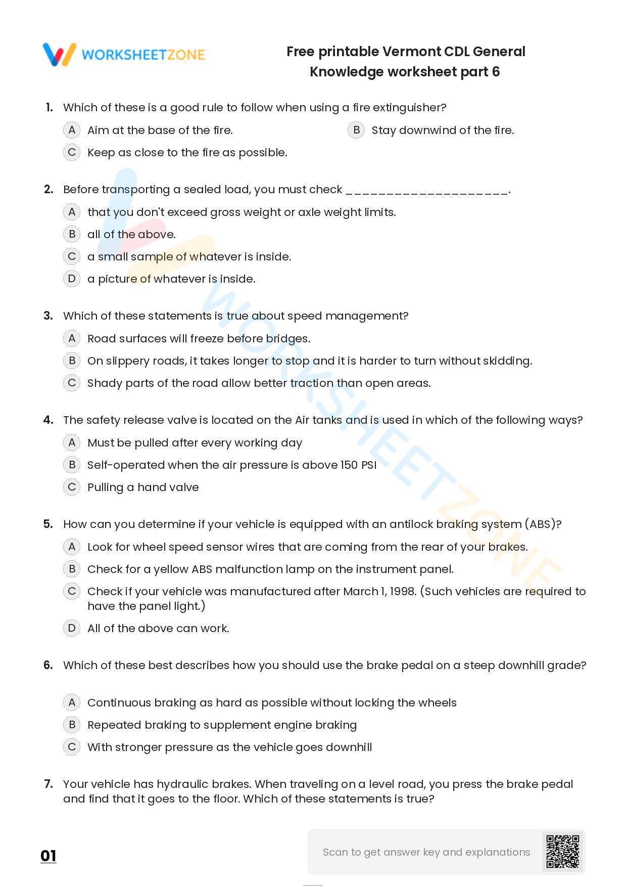 Free printable vermont cdl general knowledge worksheet part 6