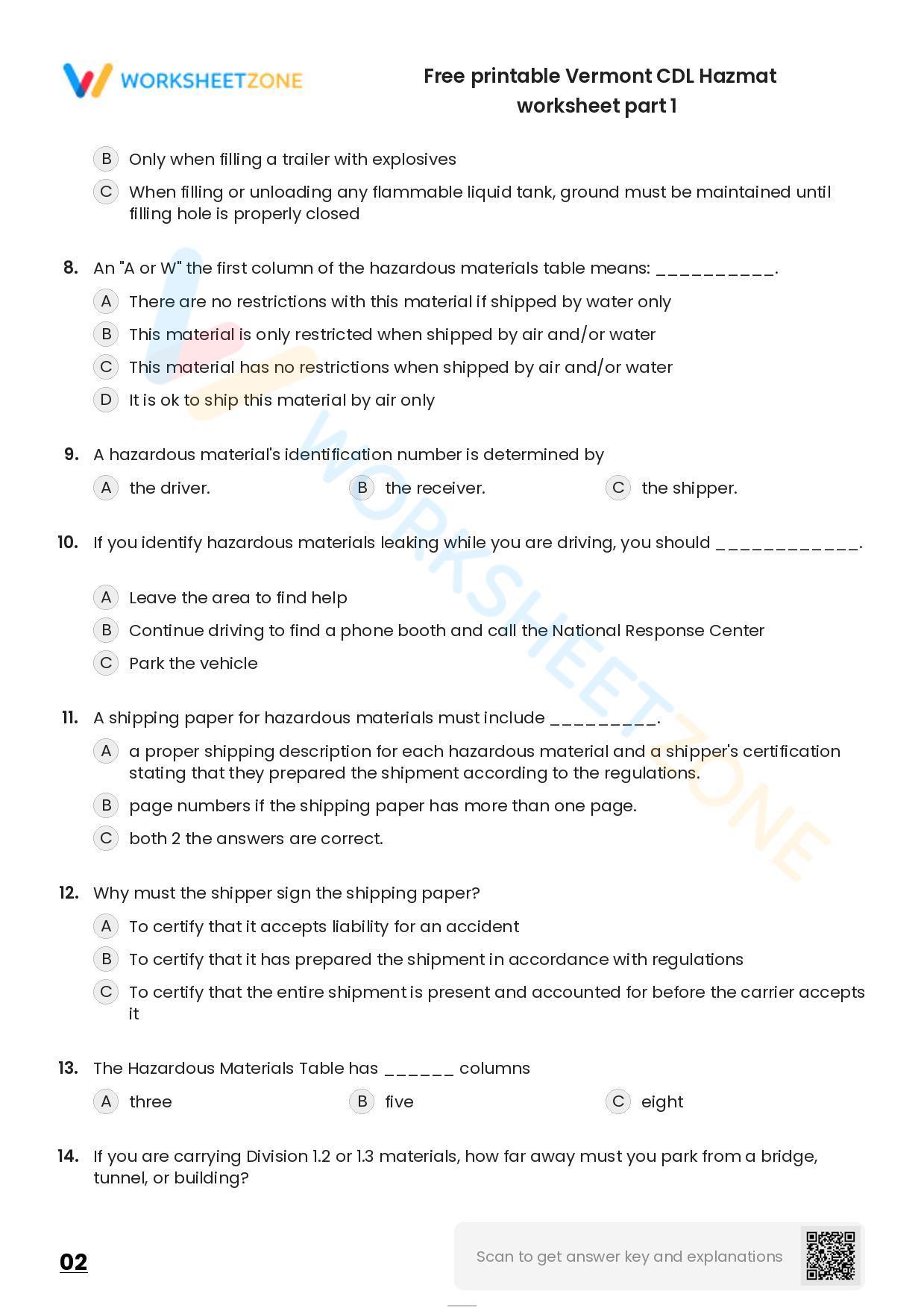 Free printable Vermont CDL Hazmat practice test | Worksheet Zone
