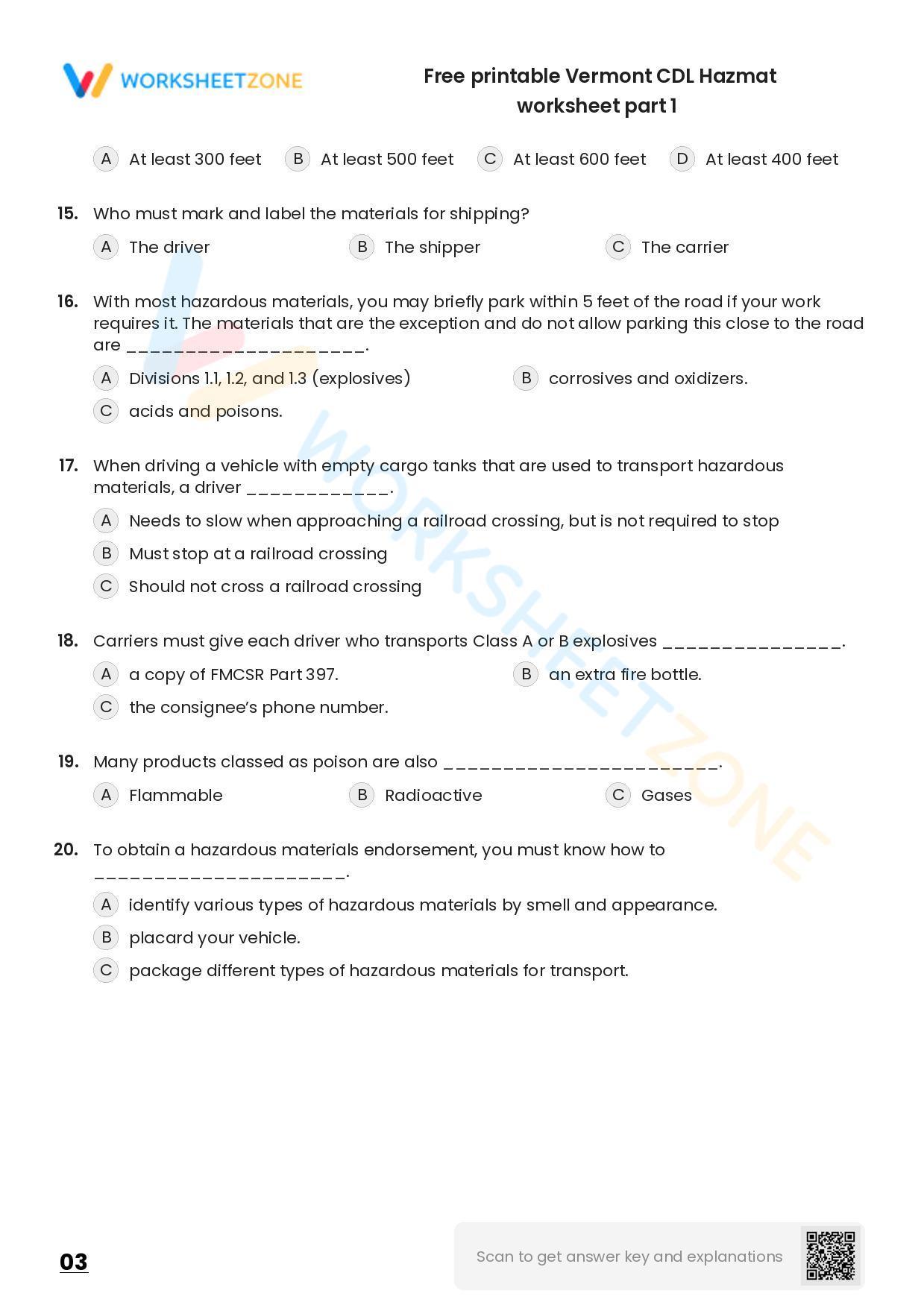 Free printable Vermont CDL Hazmat practice test | Worksheet Zone