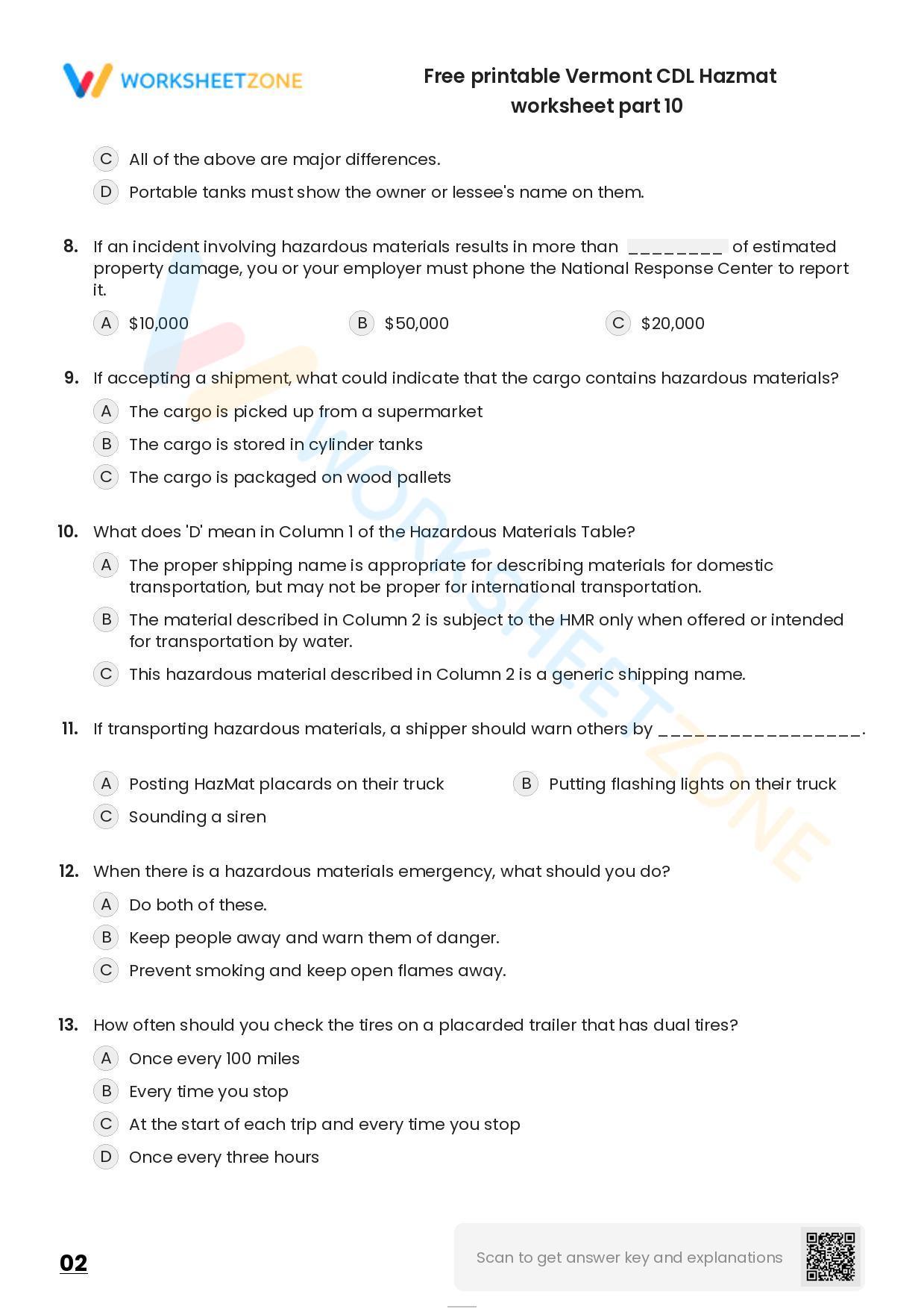 Free printable Vermont CDL Hazmat practice test | Worksheet Zone