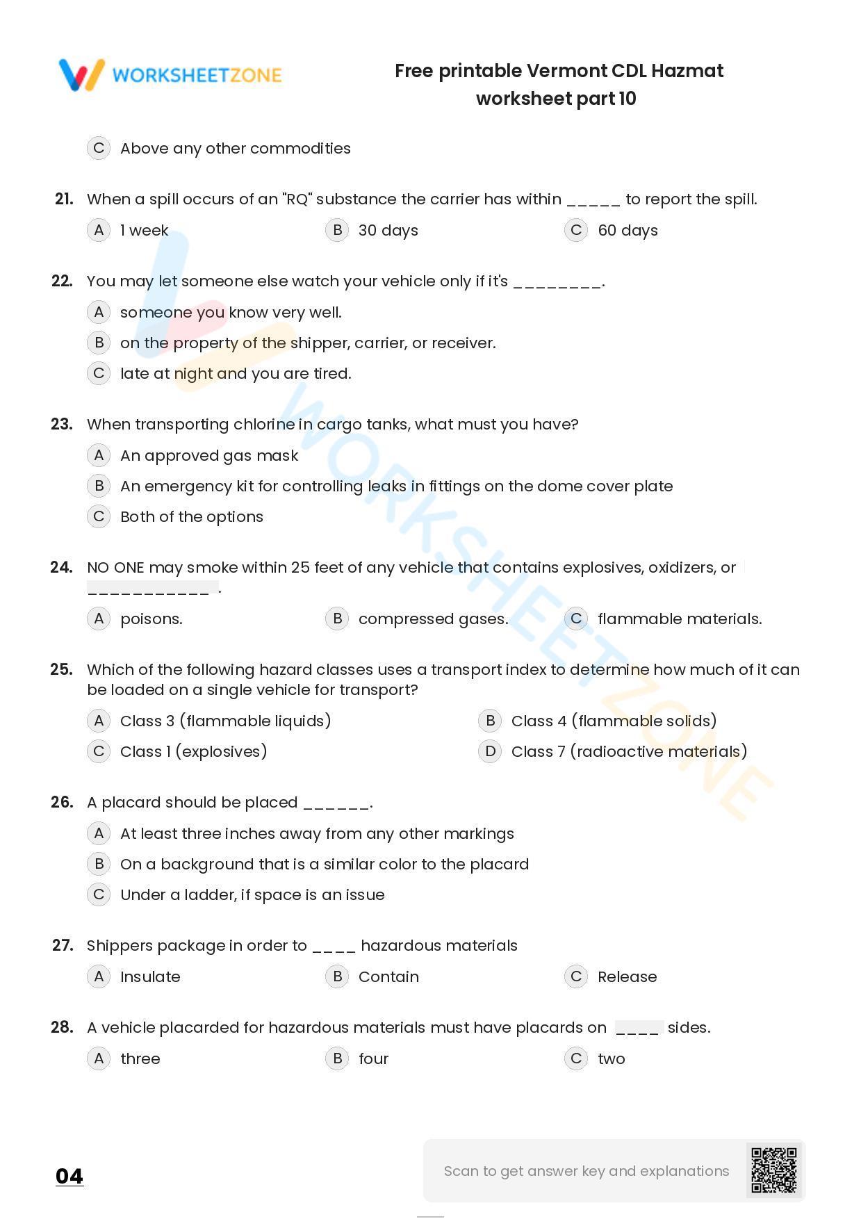 Free printable Vermont CDL Hazmat practice test | Worksheet Zone