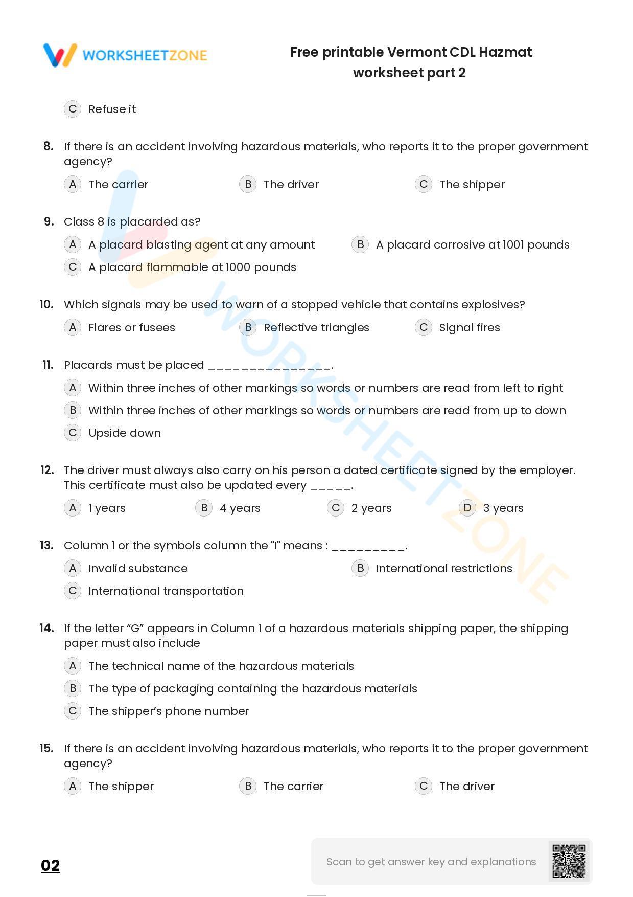 Free printable Vermont CDL Hazmat practice test | Worksheet Zone
