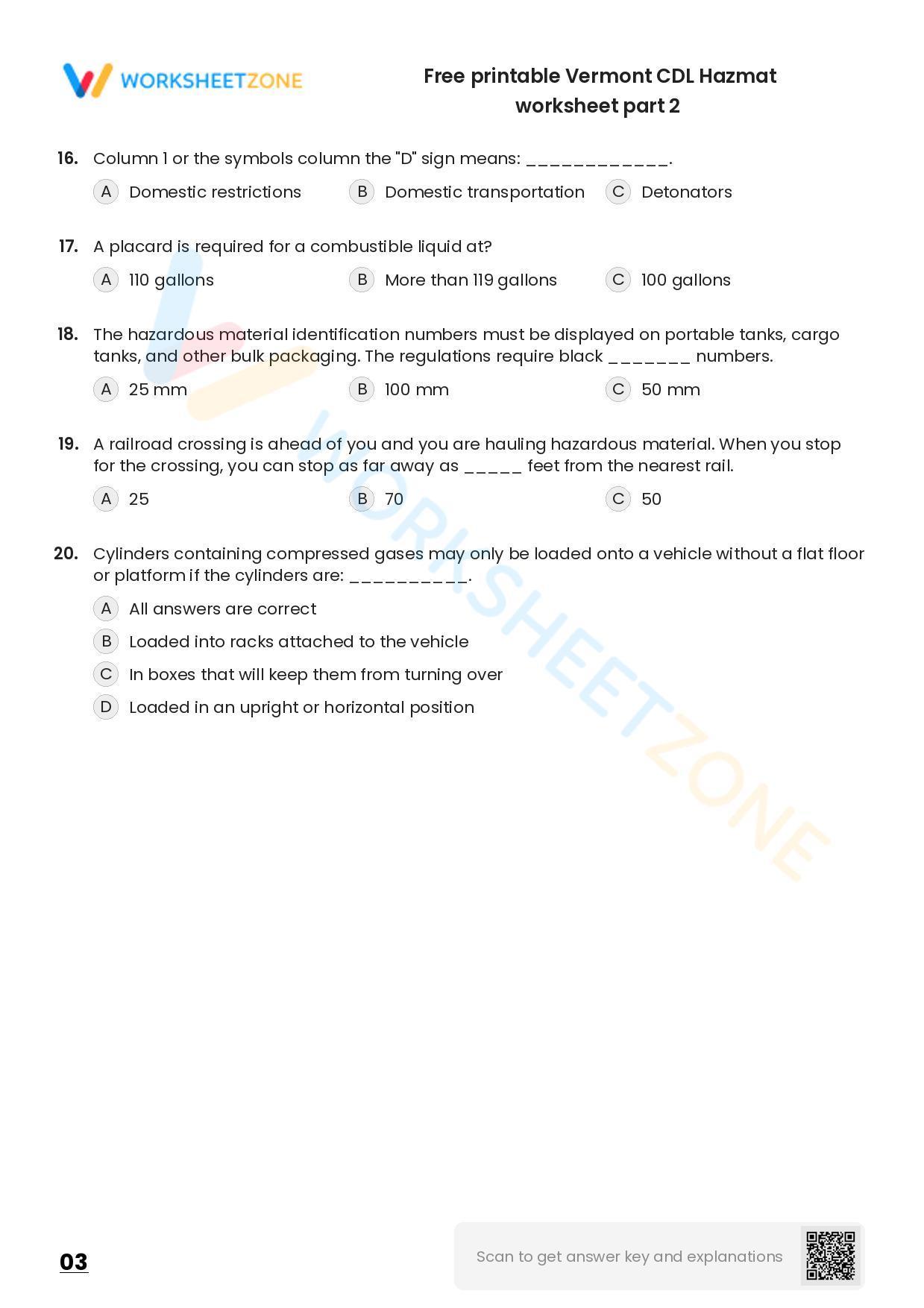 Free printable Vermont CDL Hazmat practice test | Worksheet Zone