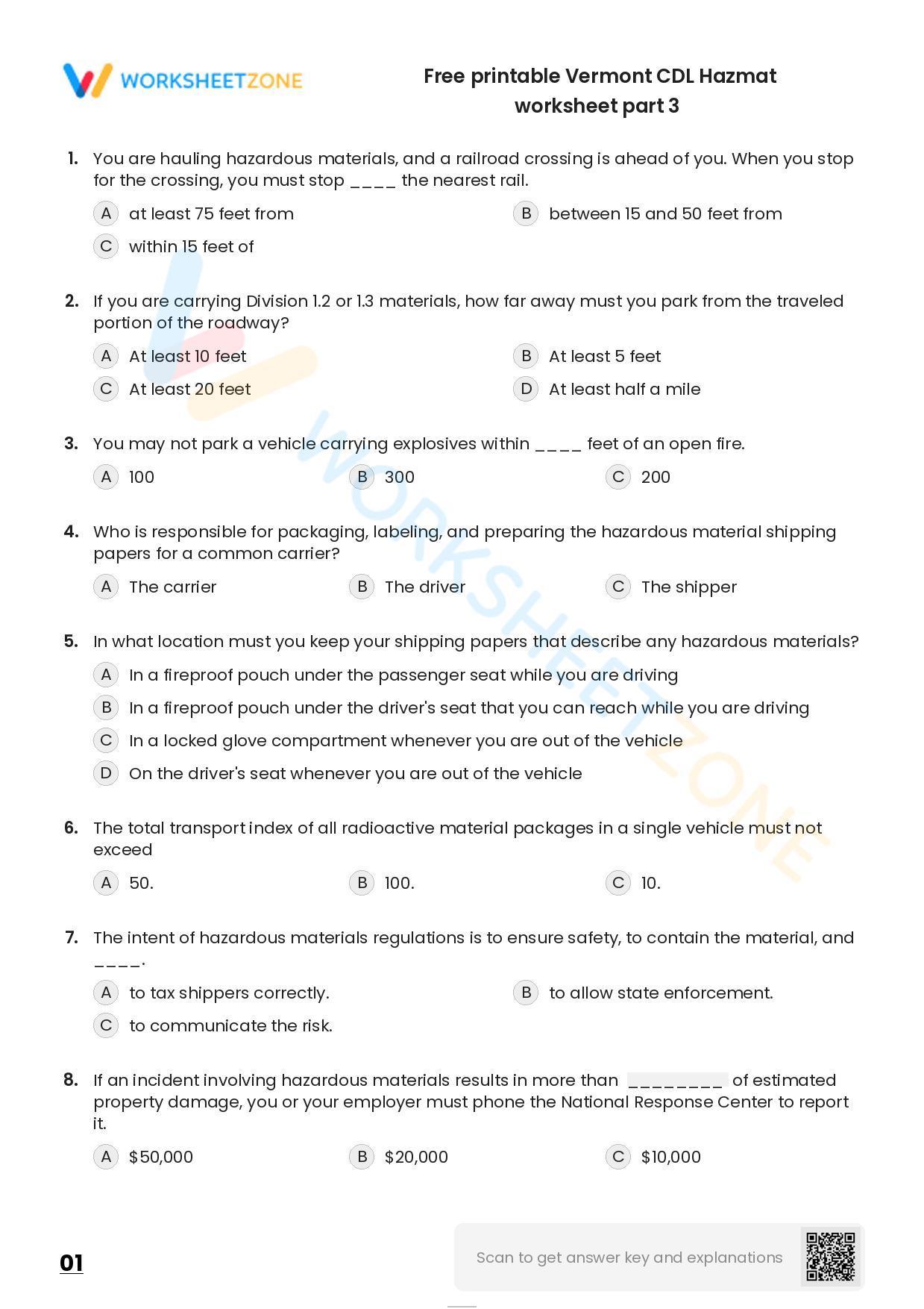 Free Printable Vermont CDL Hazmat Worksheet Part 3